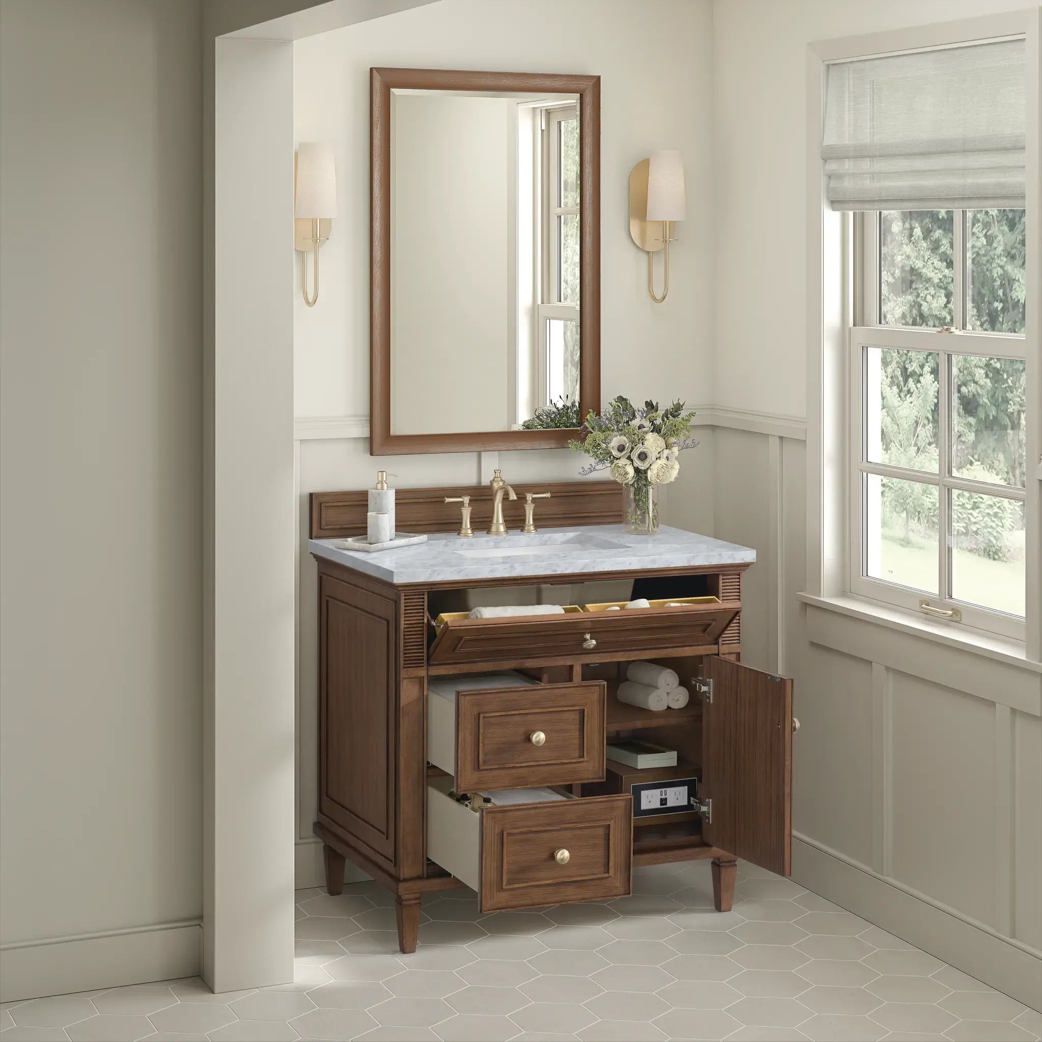 36" Lorelai Single Vanity in Mid-Century Walnut-Carrara White Marble-8" Widespread image 5