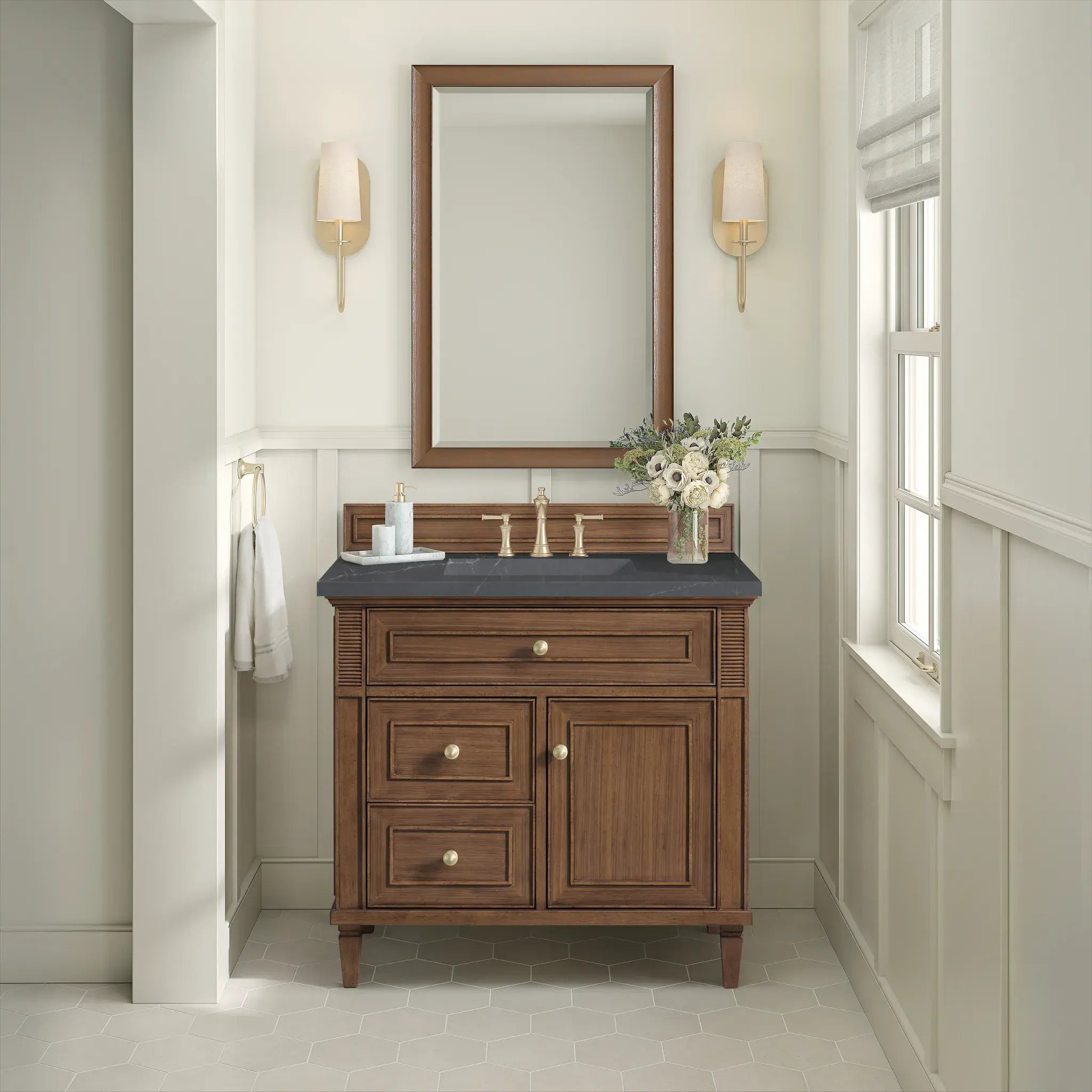36" Lorelai Single Vanity in Mid-Century Walnut-Charcoal Soapstone Silestone-8" Widespread image 1