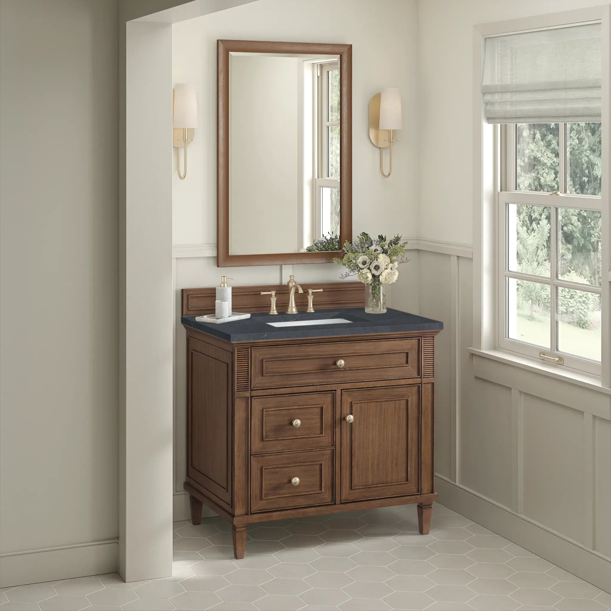 36" Lorelai Single Vanity in Mid-Century Walnut-Charcoal Soapstone Silestone-8" Widespread image 3