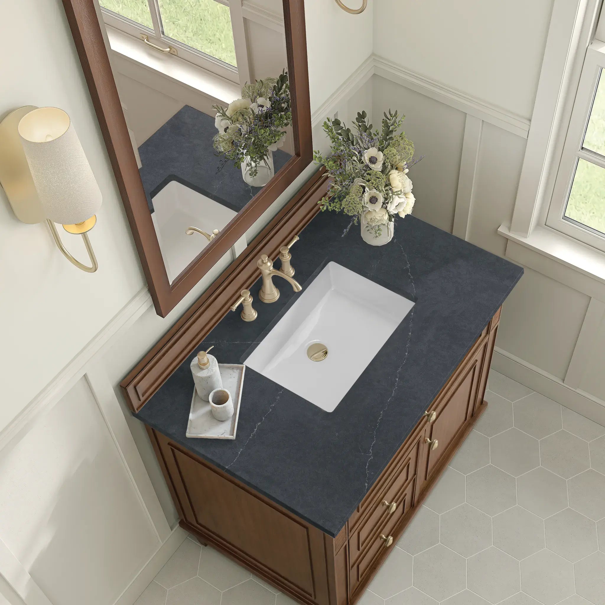 36" Lorelai Single Vanity in Mid-Century Walnut-Charcoal Soapstone Silestone-8" Widespread image 5