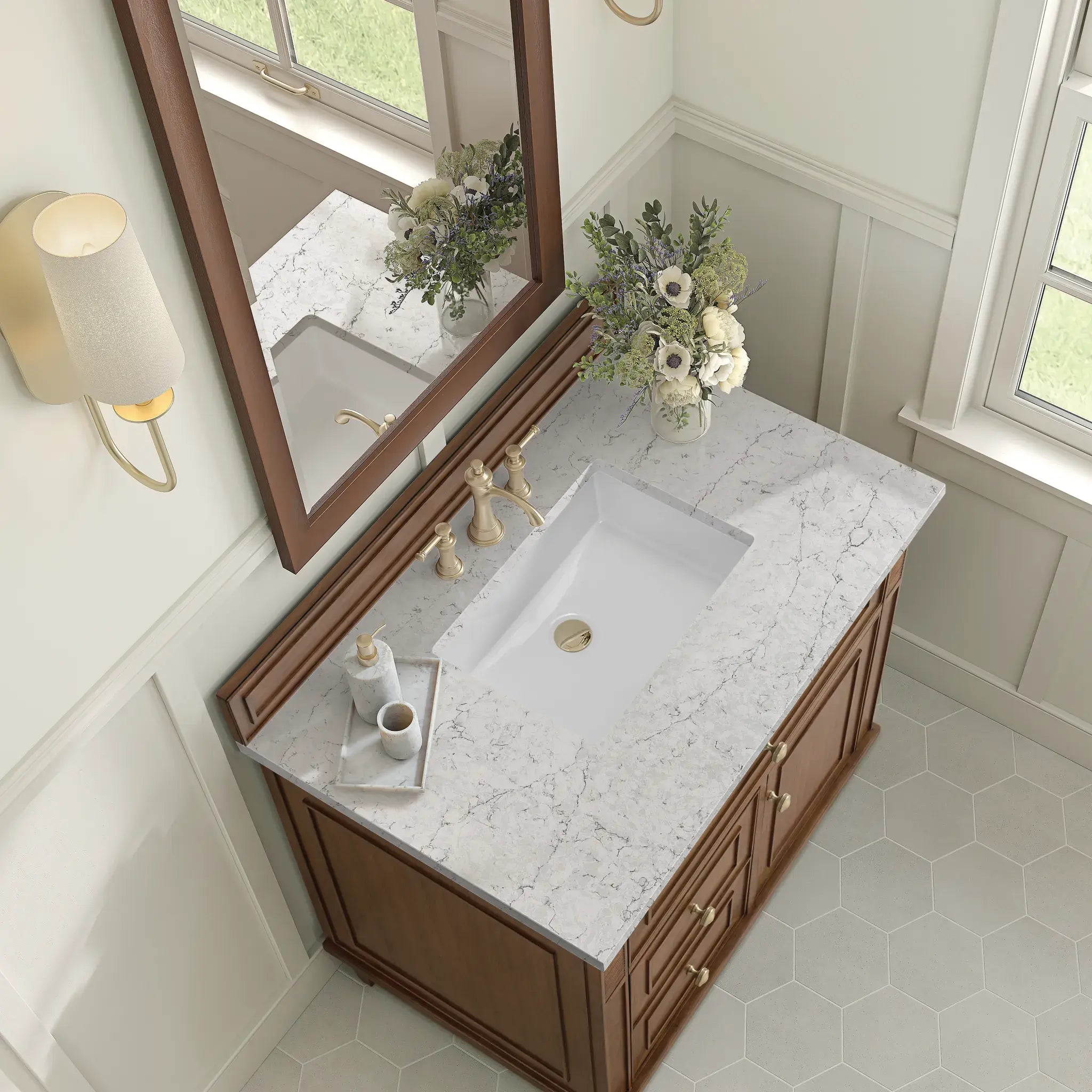 36" Lorelai Single Vanity in Mid-Century Walnut-Eternal Jasmine Pearl Silestone-8" Widespread image 7