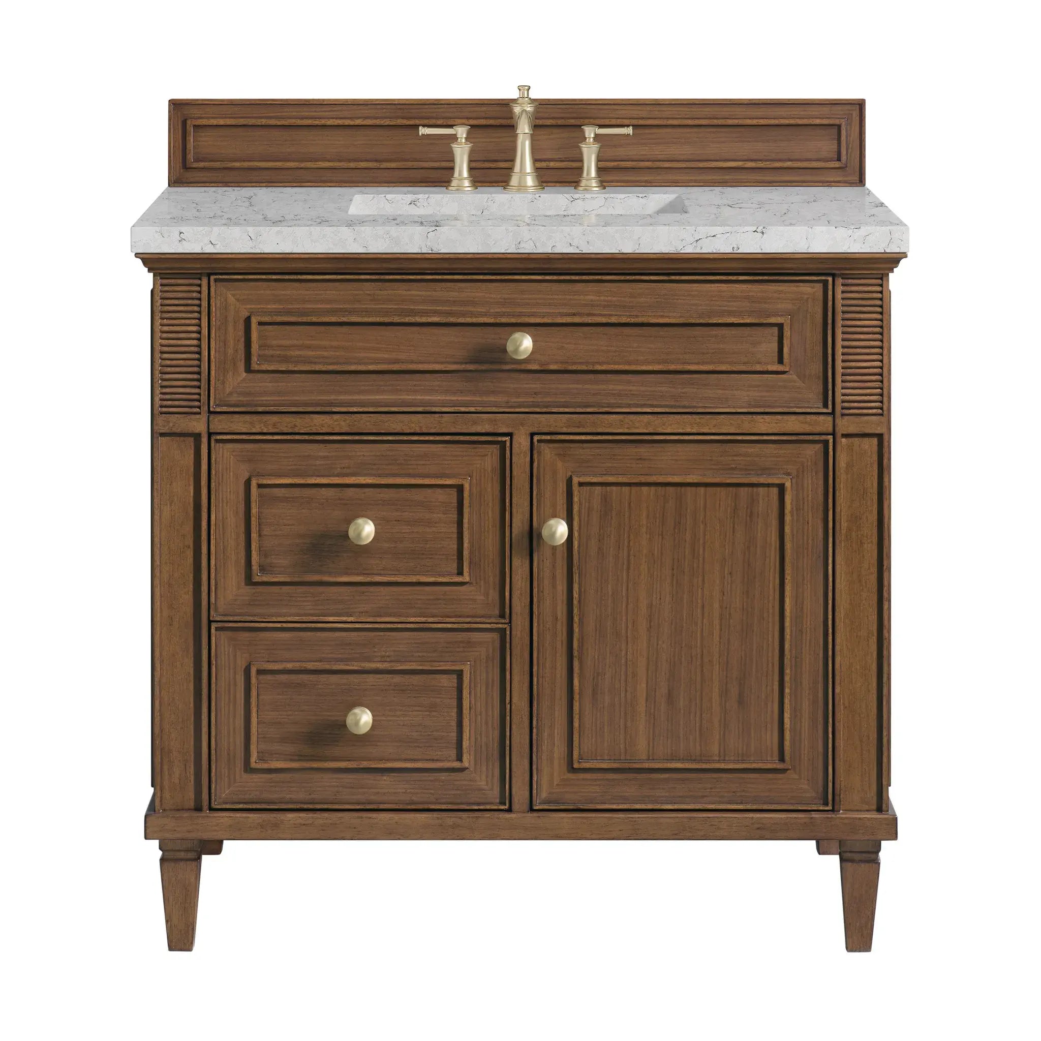 36" Lorelai Single Vanity in Mid-Century Walnut-Eternal Jasmine Pearl Silestone-8" Widespread image
