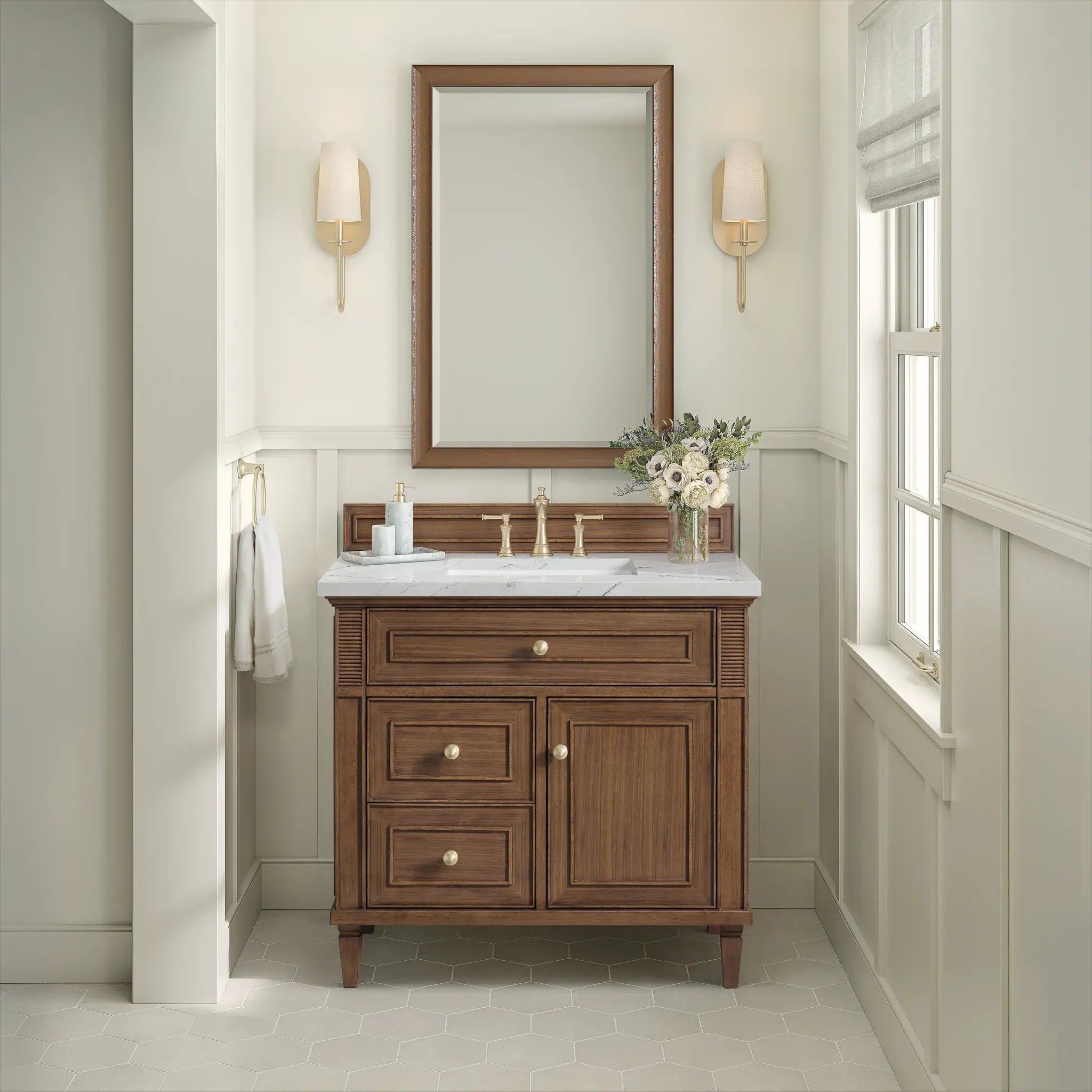 36" Lorelai Single Vanity in Mid-Century Walnut-Ethereal Noctis Silestone-8" Widespread image 3