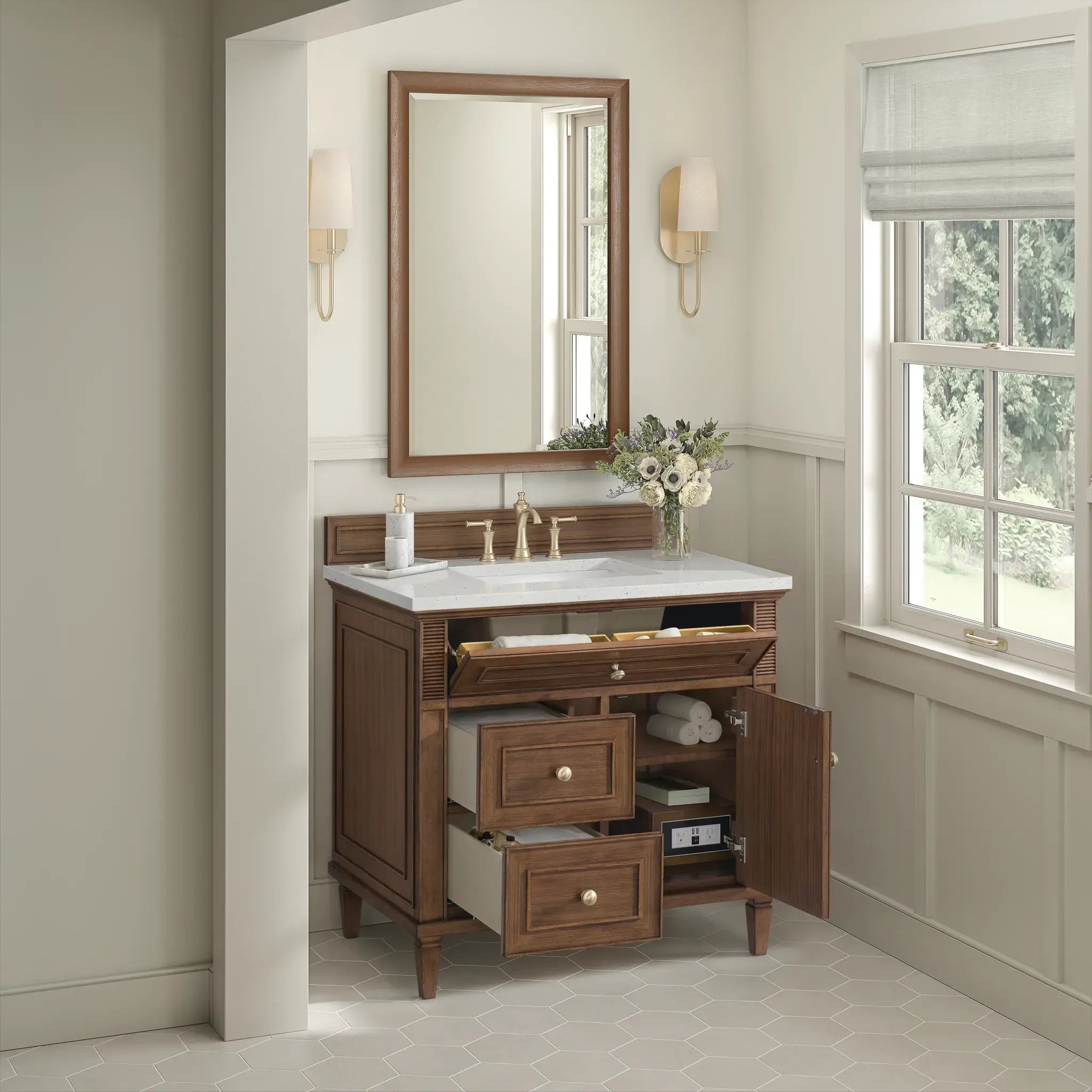 36" Lorelai Single Vanity in Mid-Century Walnut-Lime Delight Silestone-8" Widespread image 5