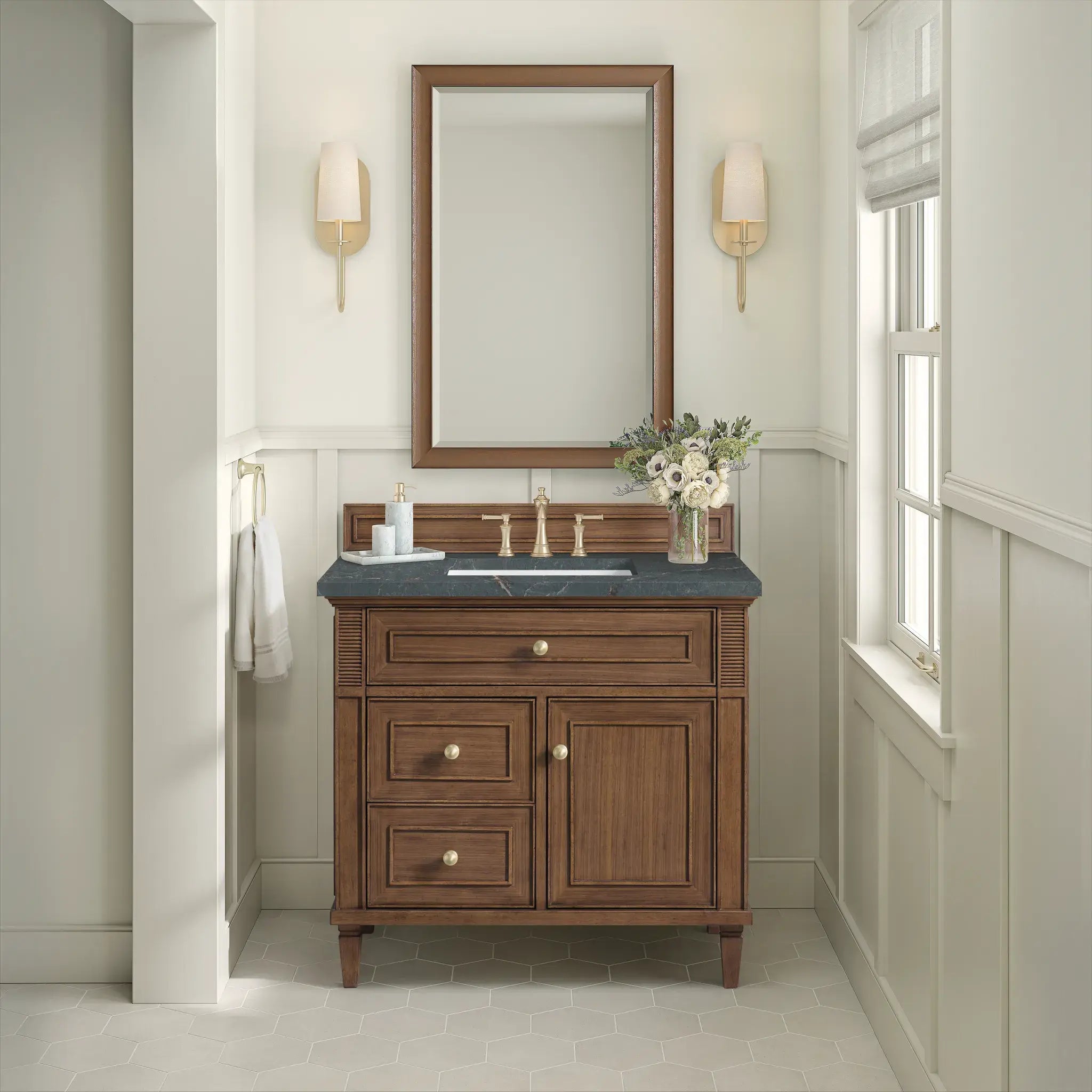 36" Lorelai Single Vanity in Mid-Century Walnut-Parisien Bleu Silestone-8" Widespread image 3