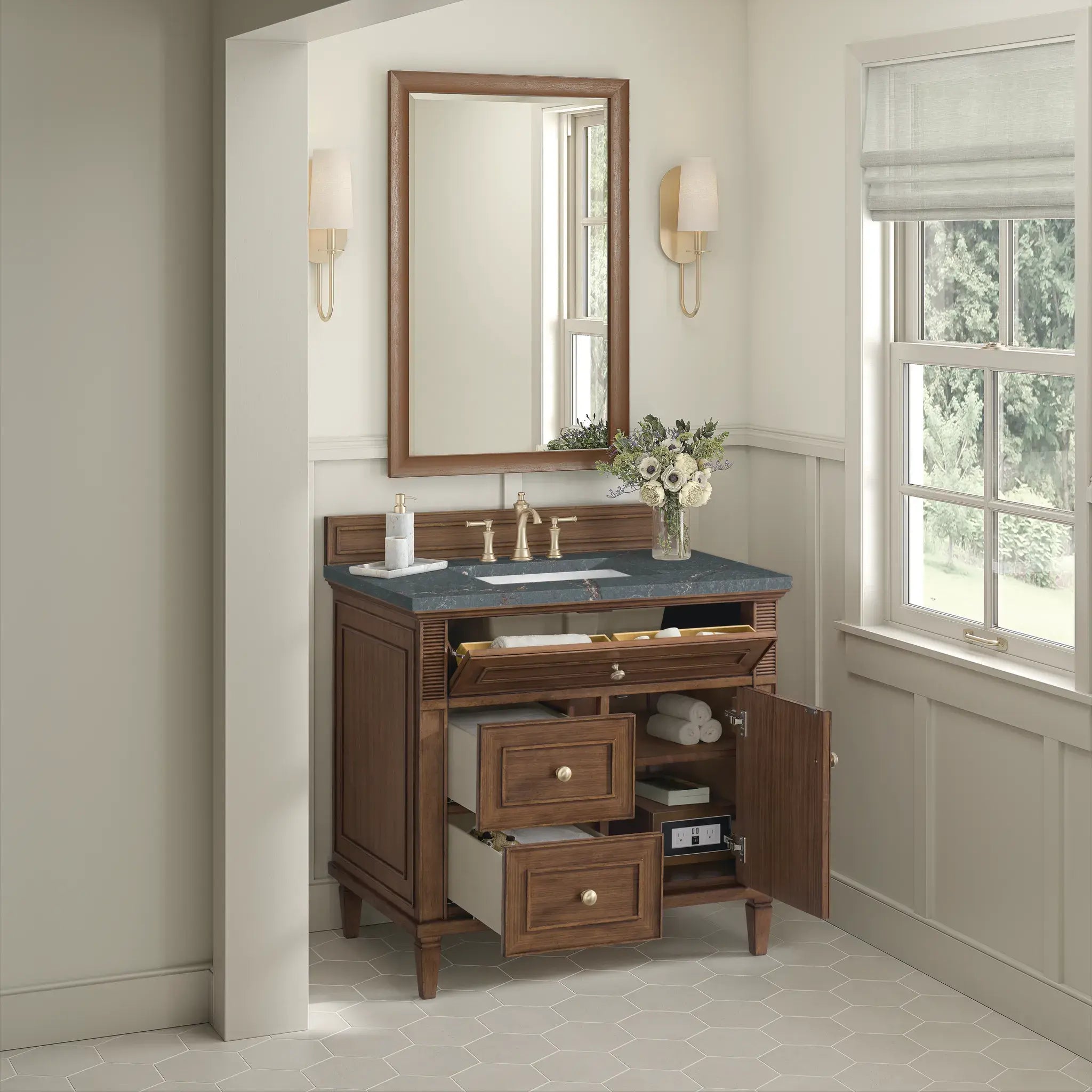 36" Lorelai Single Vanity in Mid-Century Walnut-Parisien Bleu Silestone-8" Widespread image 5