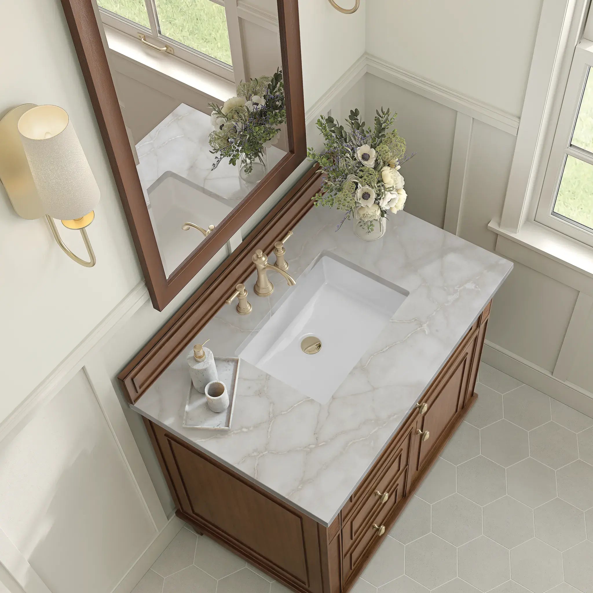36" Lorelai Single Vanity in Mid-Century Walnut-Victorian Silver Silestone-8" Widespread image 7
