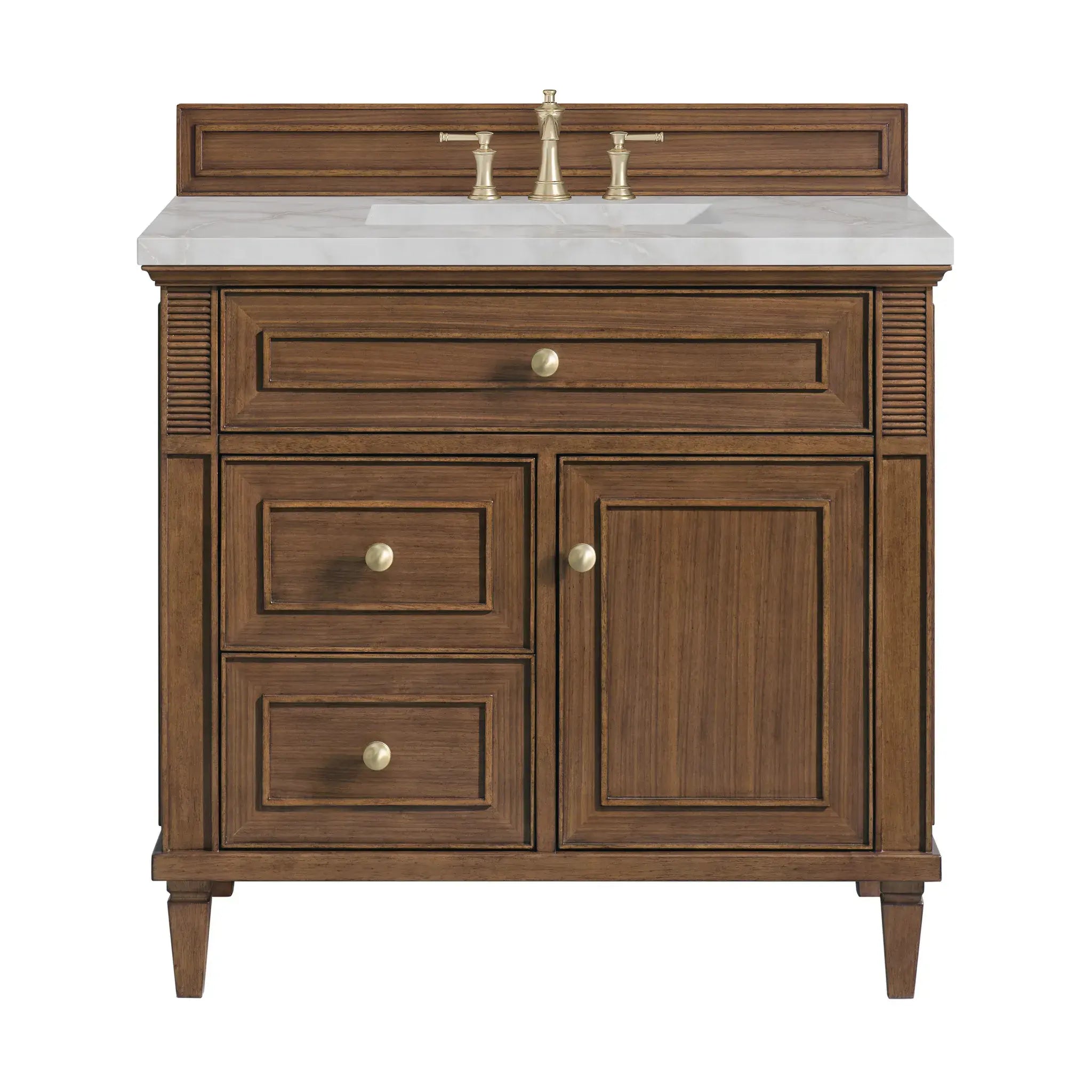36" Lorelai Single Vanity in Mid-Century Walnut-Victorian Silver Silestone-8" Widespread image