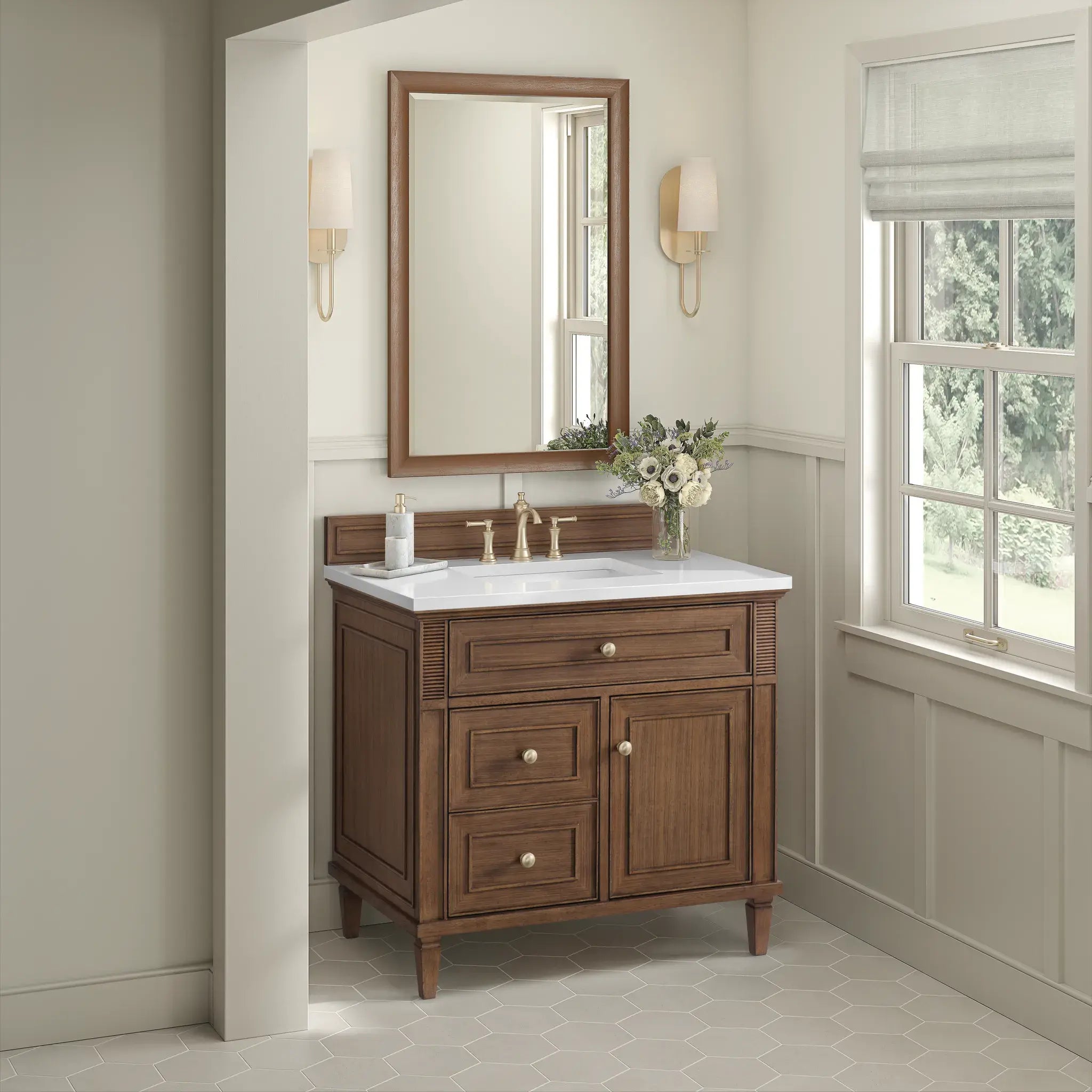 36" Lorelai Single Vanity in Mid-Century Walnut-White Zeus Silestone-8" Widespread image 4