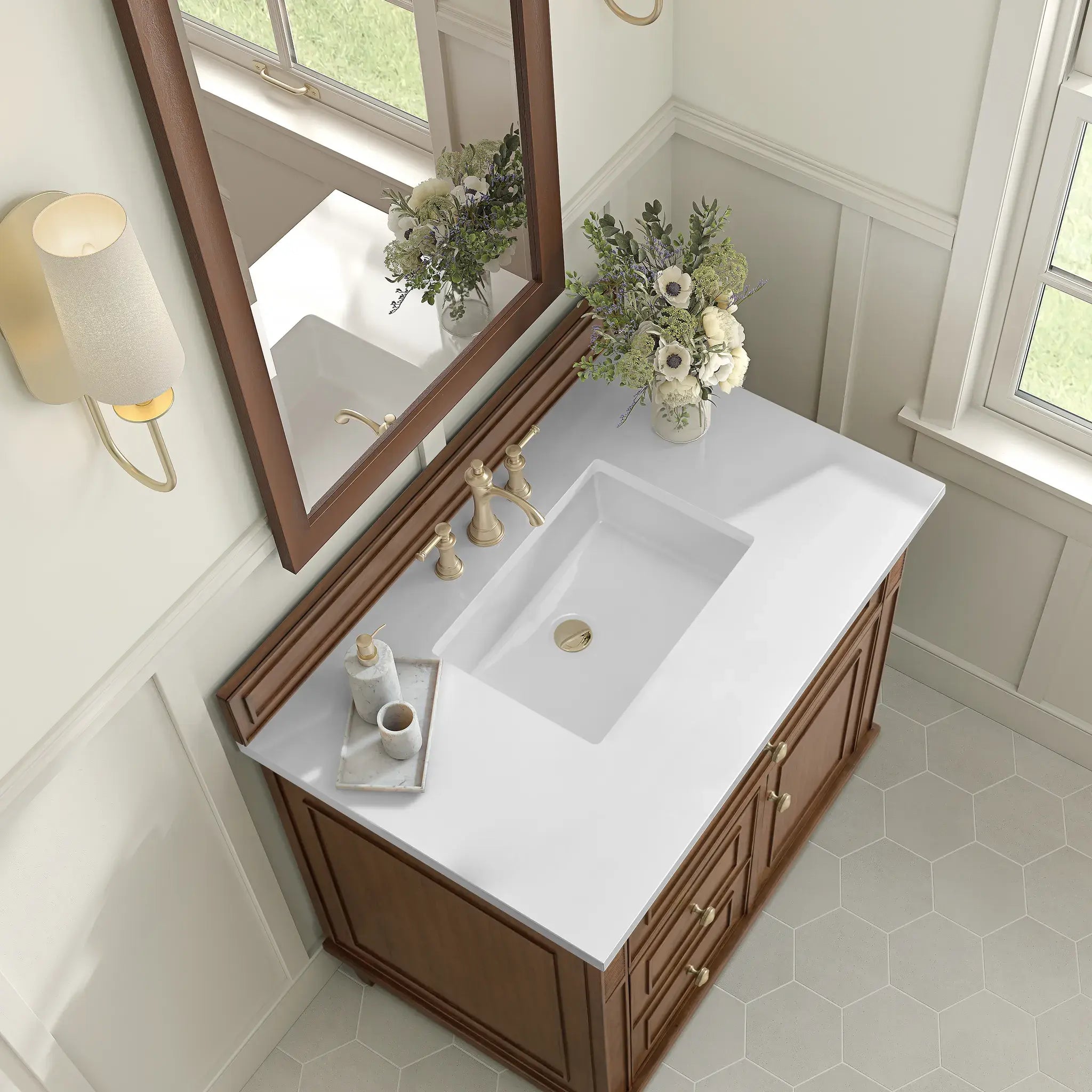 36" Lorelai Single Vanity in Mid-Century Walnut-White Zeus Silestone-8" Widespread image 7