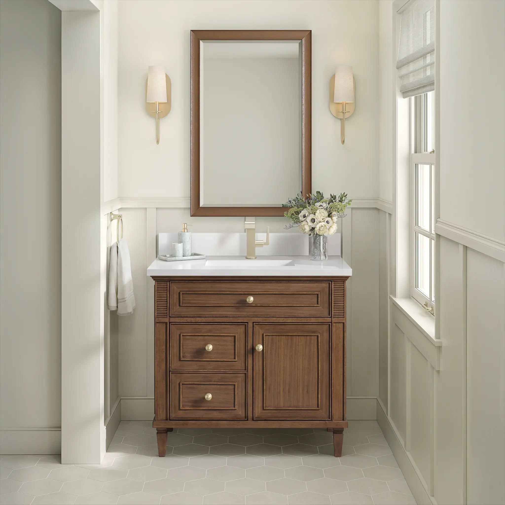 36" Lorelai Single Vanity in Mid-Century Walnut-White Zeus Silestone & Backsplash-Single Hole image 1