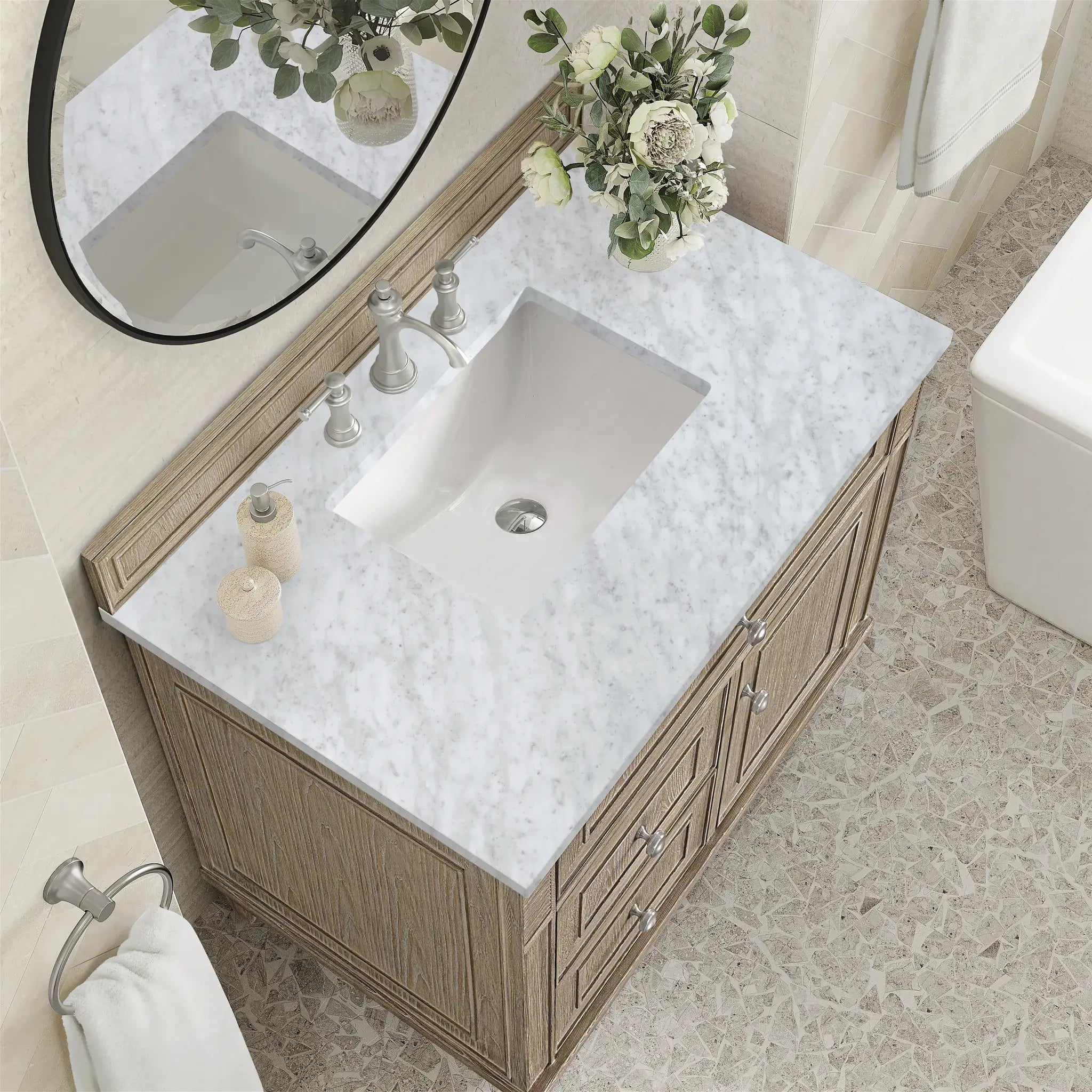 36" Lorelai Single Vanity in Whitewashed Oak-Carrara White Marble-8" Widespread image 6