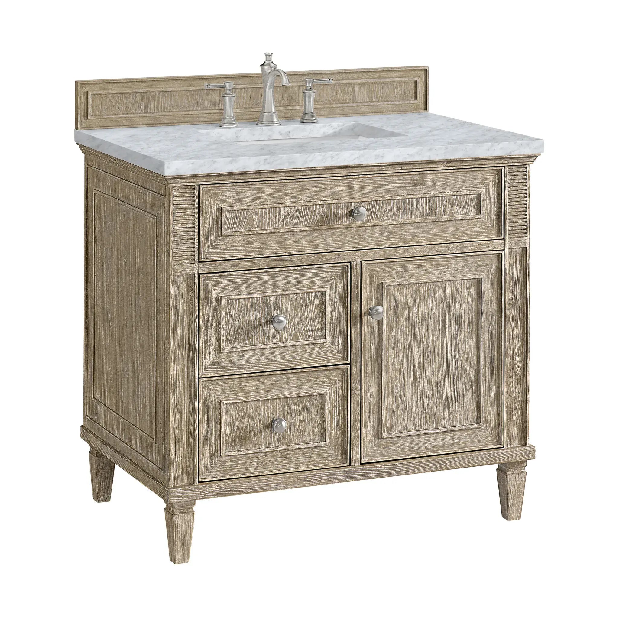 36" Lorelai Single Vanity in Whitewashed Oak-Carrara White Marble-8" Widespread image 9