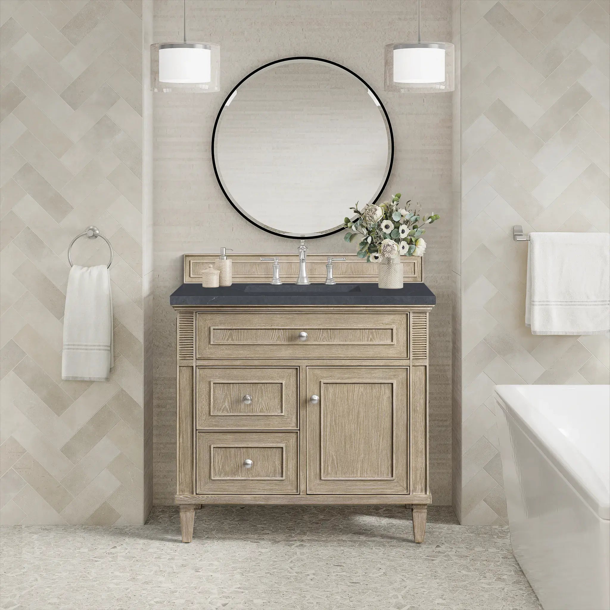 36" Lorelai Single Vanity in Whitewashed Oak-Charcoal Soapstone Silestone-8" Widespread image 1