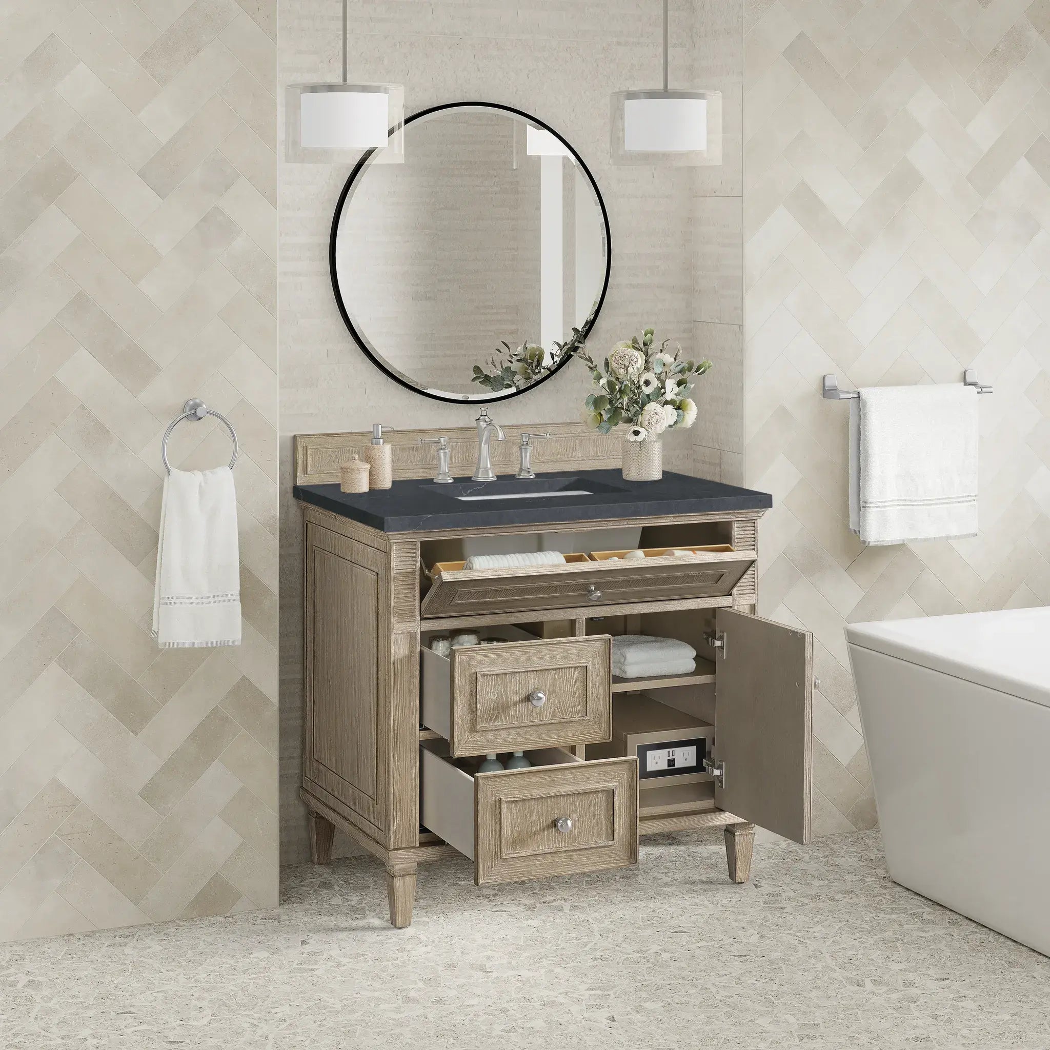 36" Lorelai Single Vanity in Whitewashed Oak-Charcoal Soapstone Silestone-8" Widespread image 3