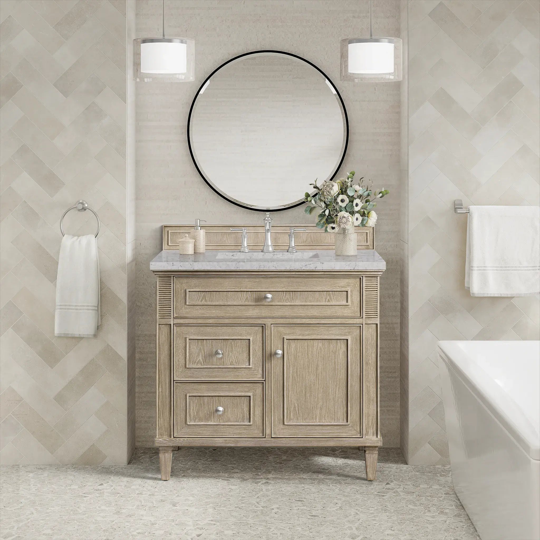 36" Lorelai Single Vanity in Whitewashed Oak-Eternal Jasmine Pearl Silestone-8" Widespread image 2