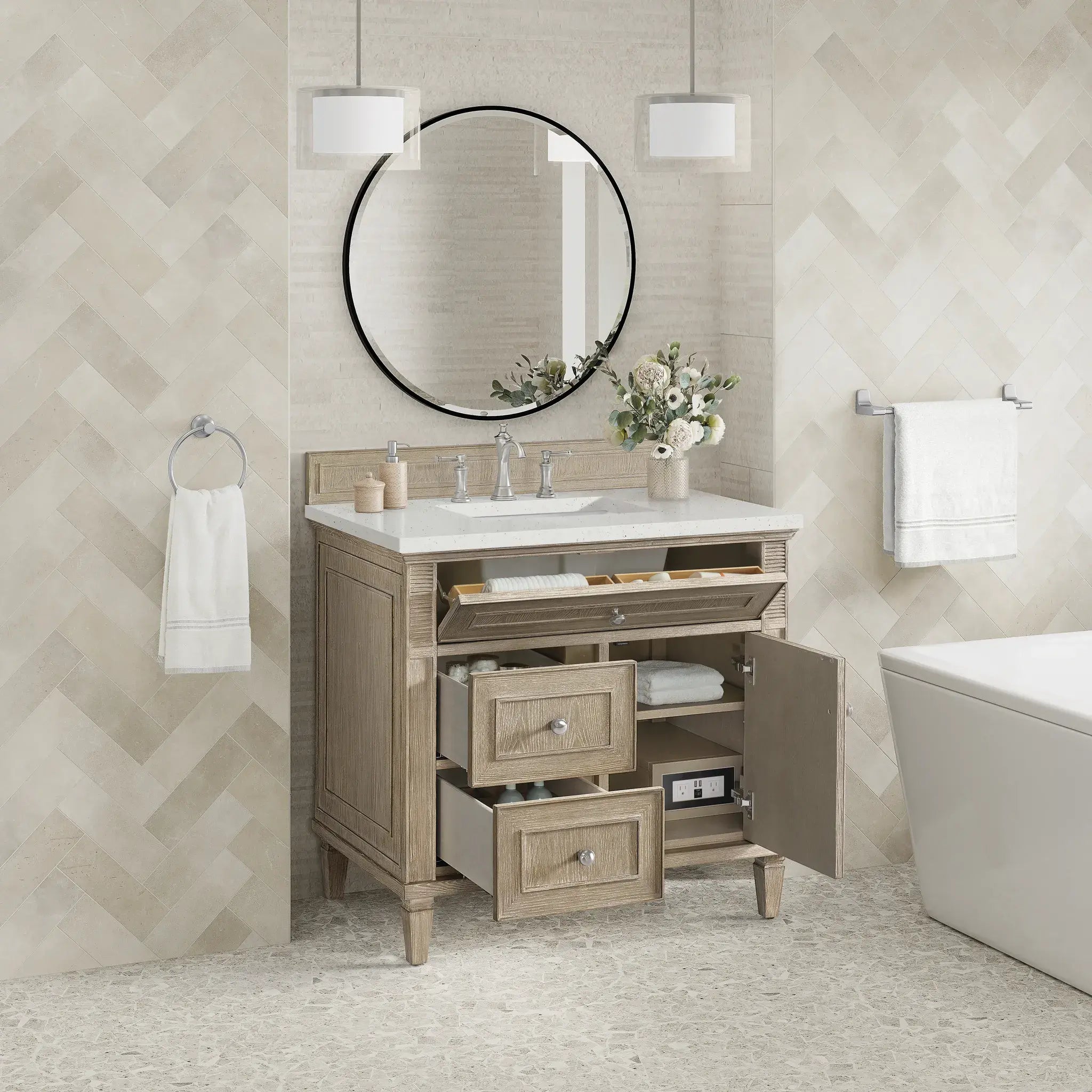 36" Lorelai Single Vanity in Whitewashed Oak-Lime Delight Silestone-8" Widespread image 4