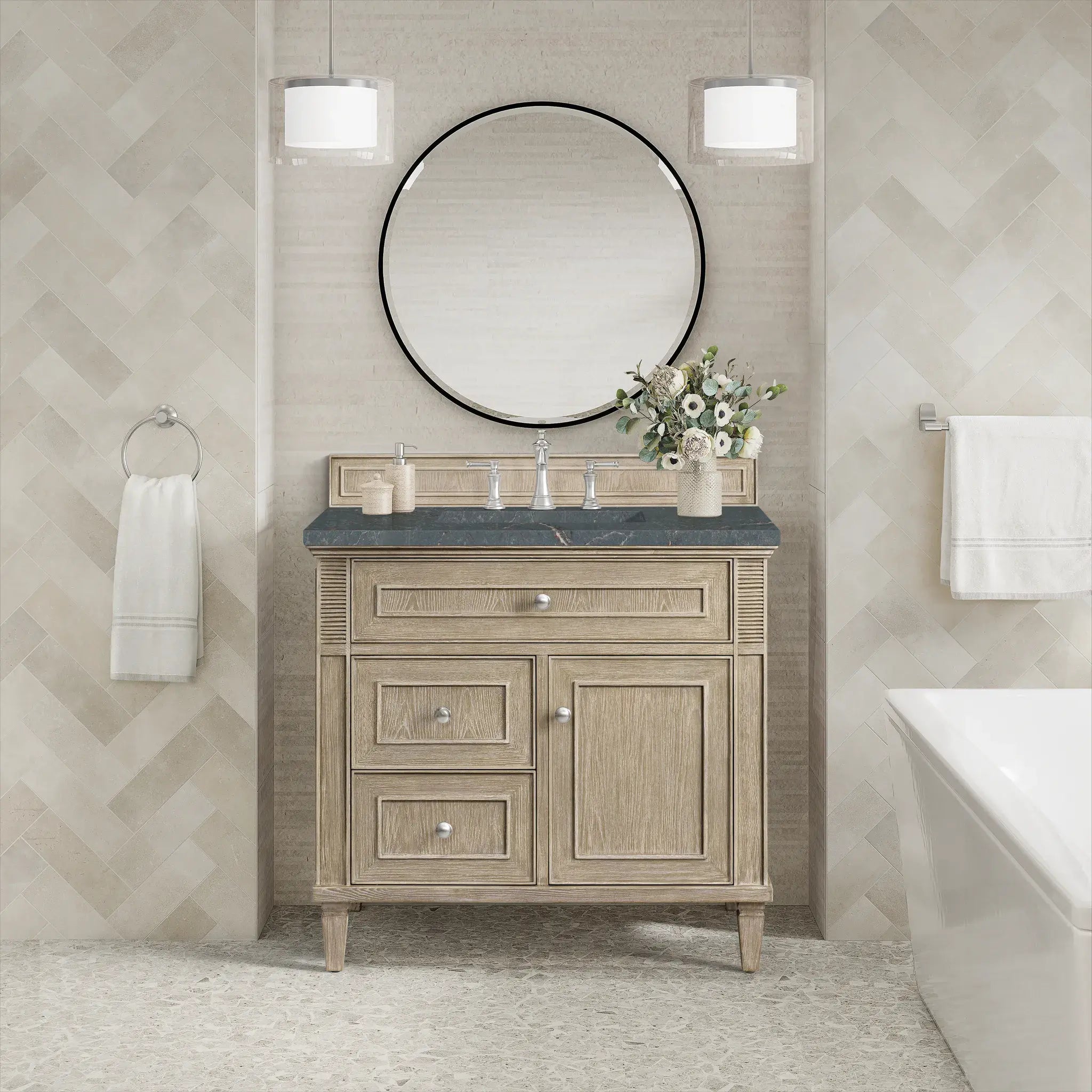 36" Lorelai Single Vanity in Whitewashed Oak-Parisien Bleu Silestone-8" Widespread image 2