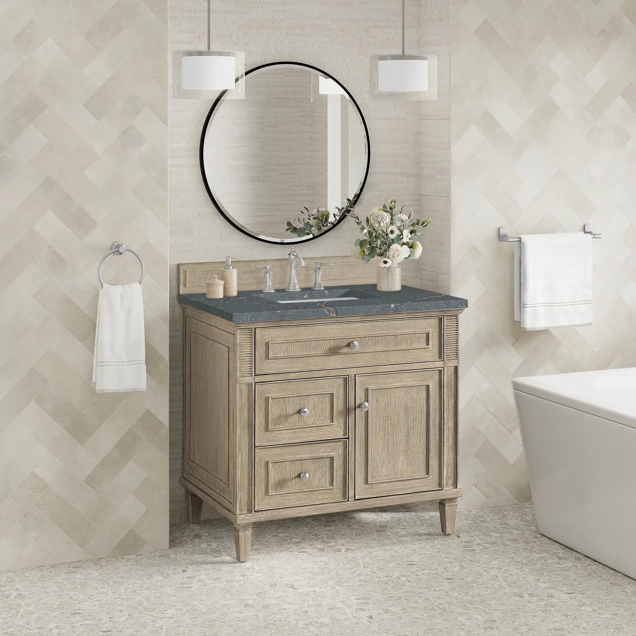 36" Lorelai Single Vanity in Whitewashed Oak-Parisien Bleu Silestone-8" Widespread image 3