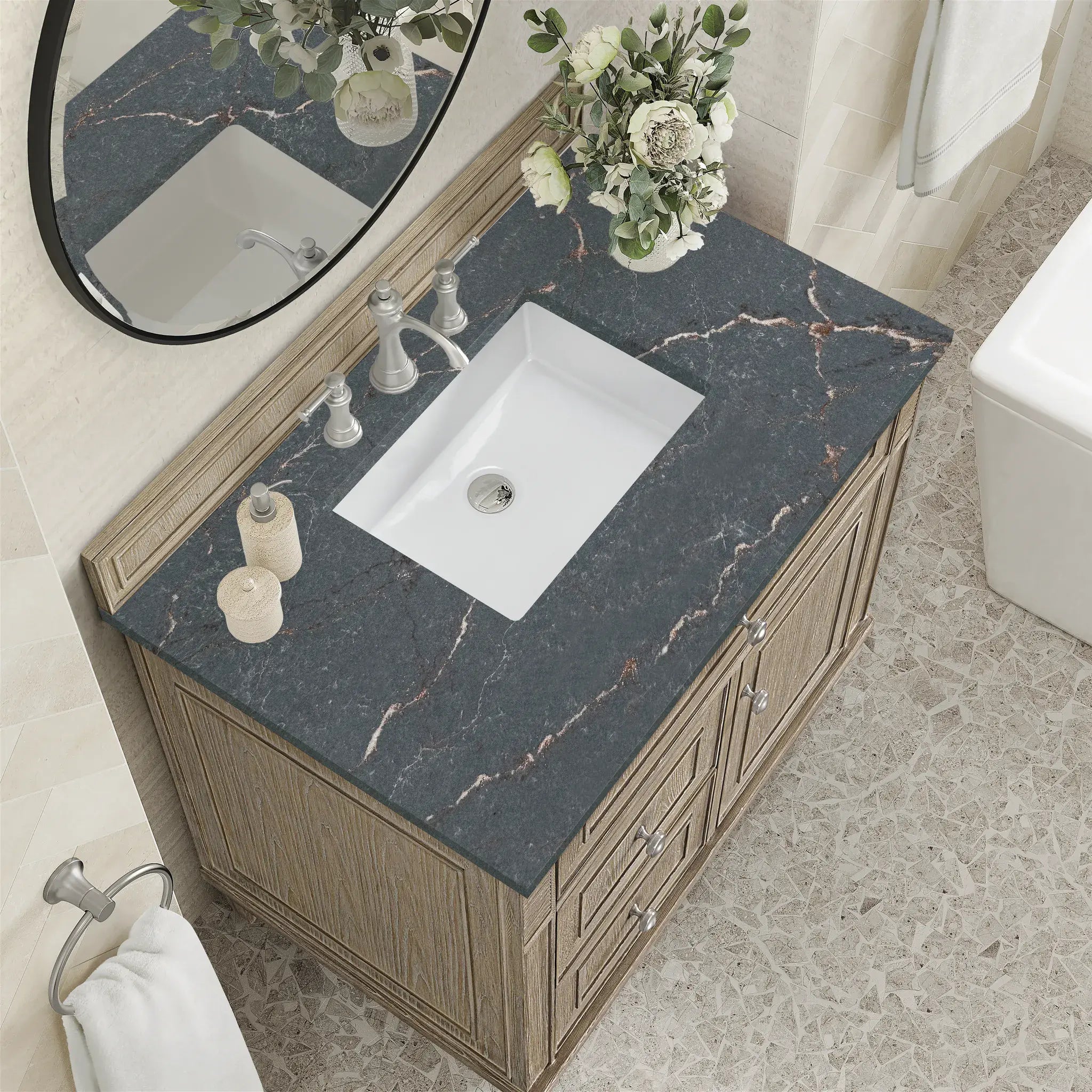 36" Lorelai Single Vanity in Whitewashed Oak-Parisien Bleu Silestone-8" Widespread image 6