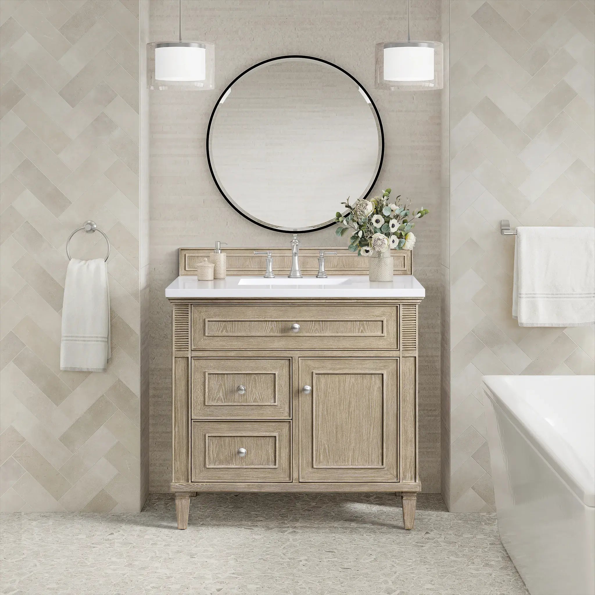 36" Lorelai Single Vanity in Whitewashed Oak-White Zeus Silestone-8" Widespread image 2