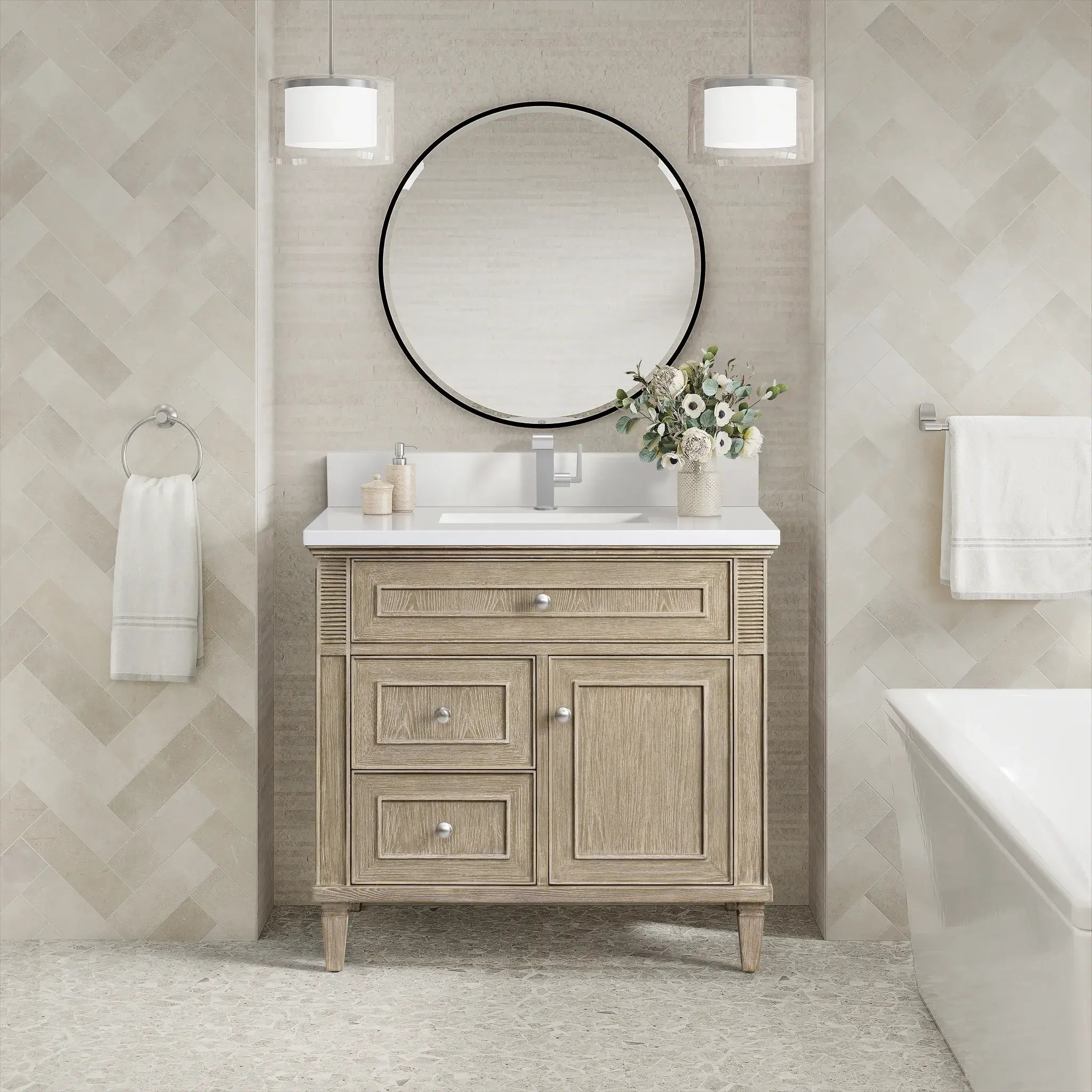 36" Lorelai Single Vanity in Whitewashed Oak-White Zeus Silestone & Backsplash-Single Hole image 1