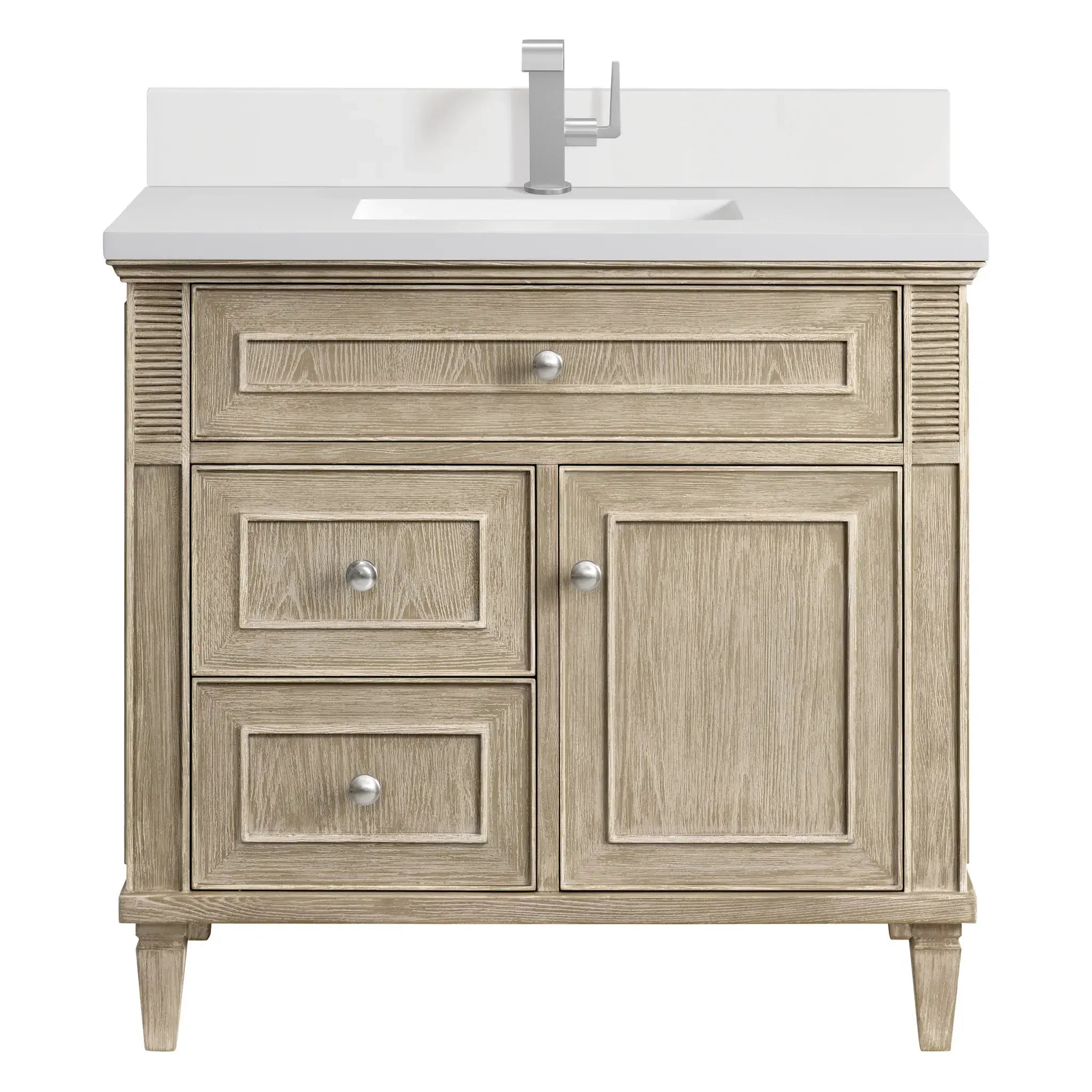 36" Lorelai Single Vanity in Whitewashed Oak-White Zeus Silestone & Backsplash-Single Hole image