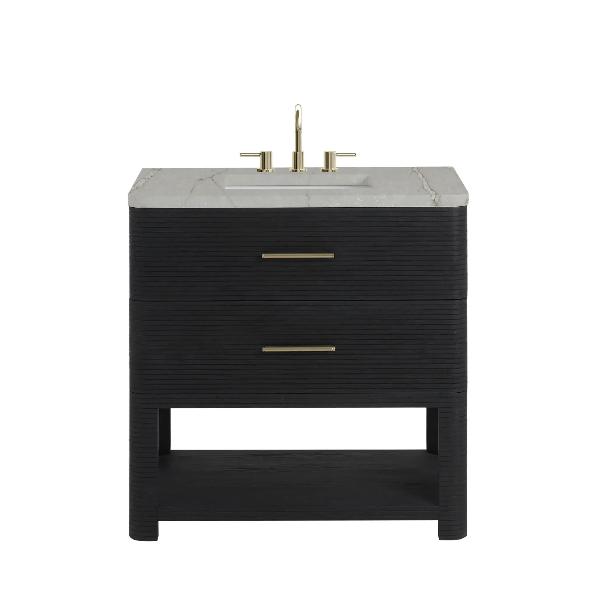 36" Lucian Single Vanity in Carbon Oak-Victorian Silver Silestone-8" Widespread image