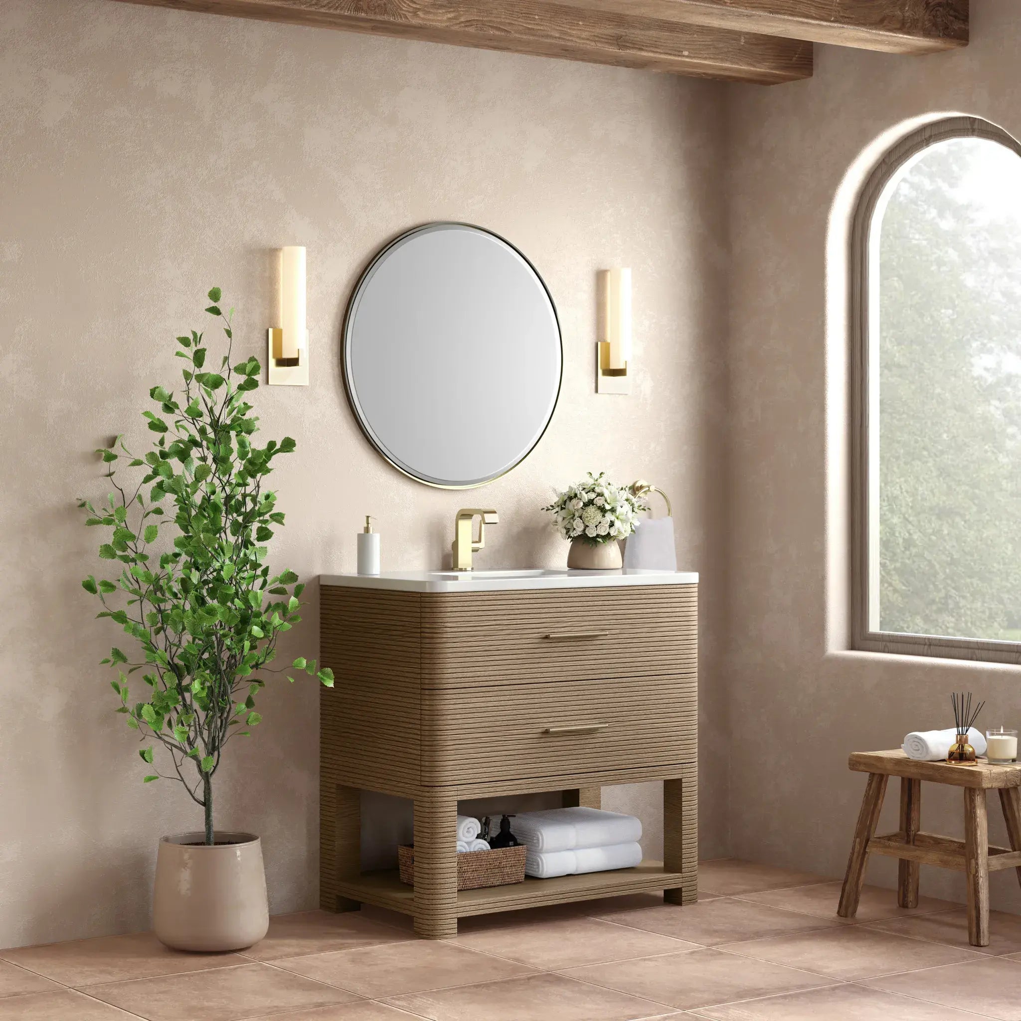 36" Lucian Single Vanity in Pebble Oak-White Zeus Silestone-Single Hole image 2