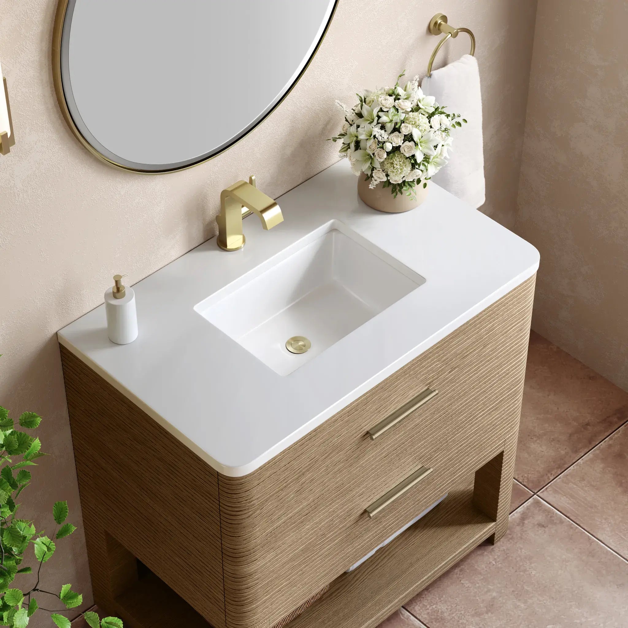 36" Lucian Single Vanity in Pebble Oak-White Zeus Silestone-Single Hole image 4