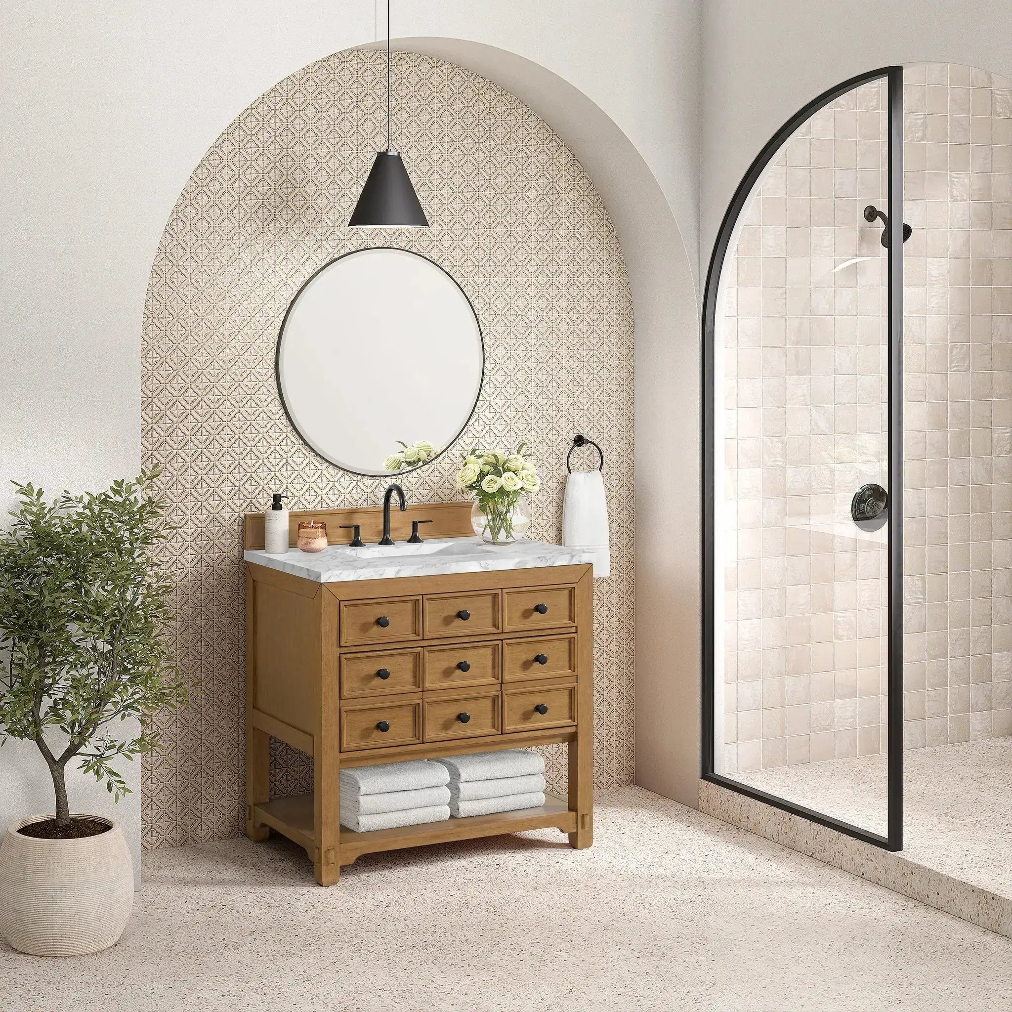 36" Malibu Single Vanity in Amber Birch-Carrara White Marble-8" Widespread image 3 new