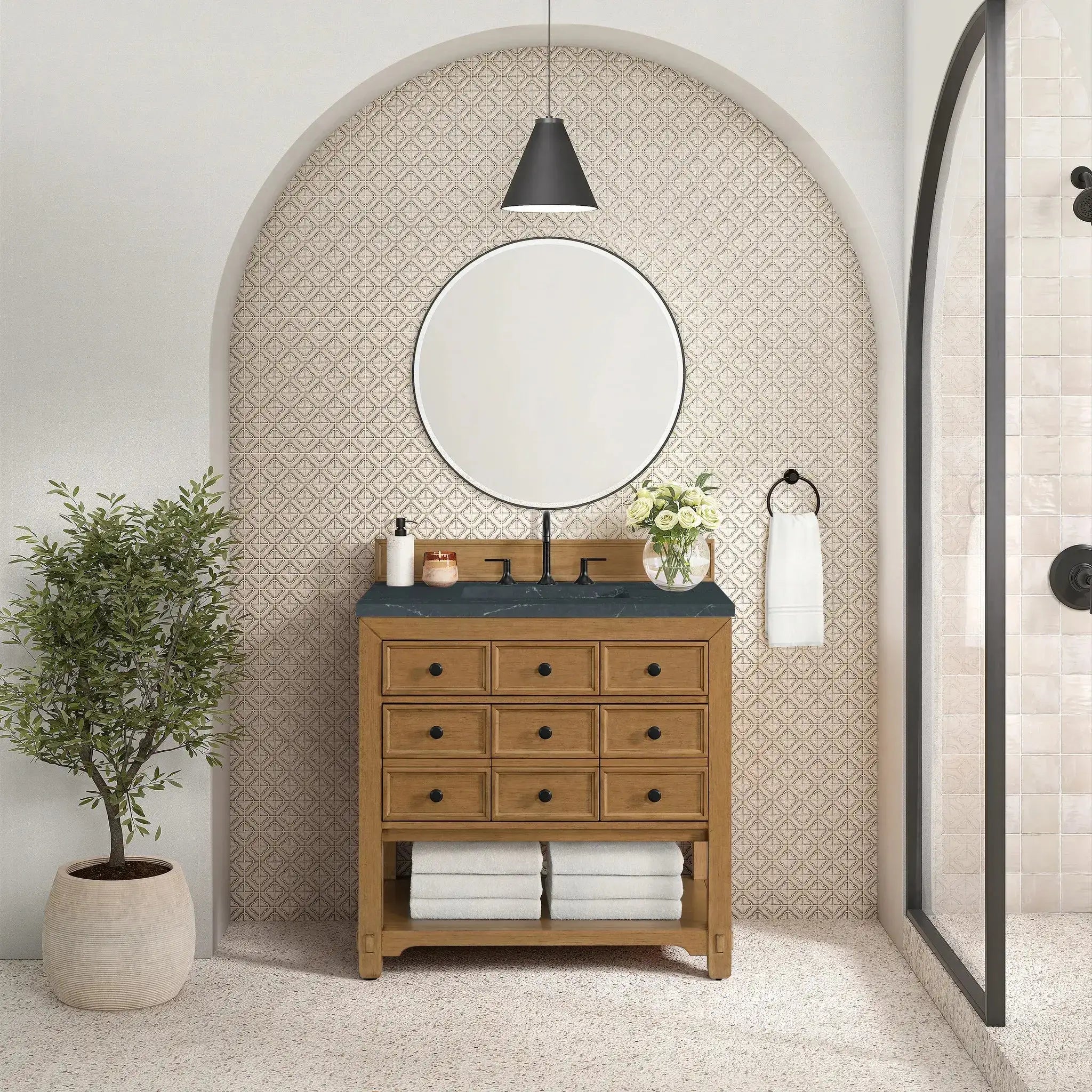 36" Malibu Single Vanity in Amber Birch-Charcoal Soapstone Silestone-8" Widespread image 2 new