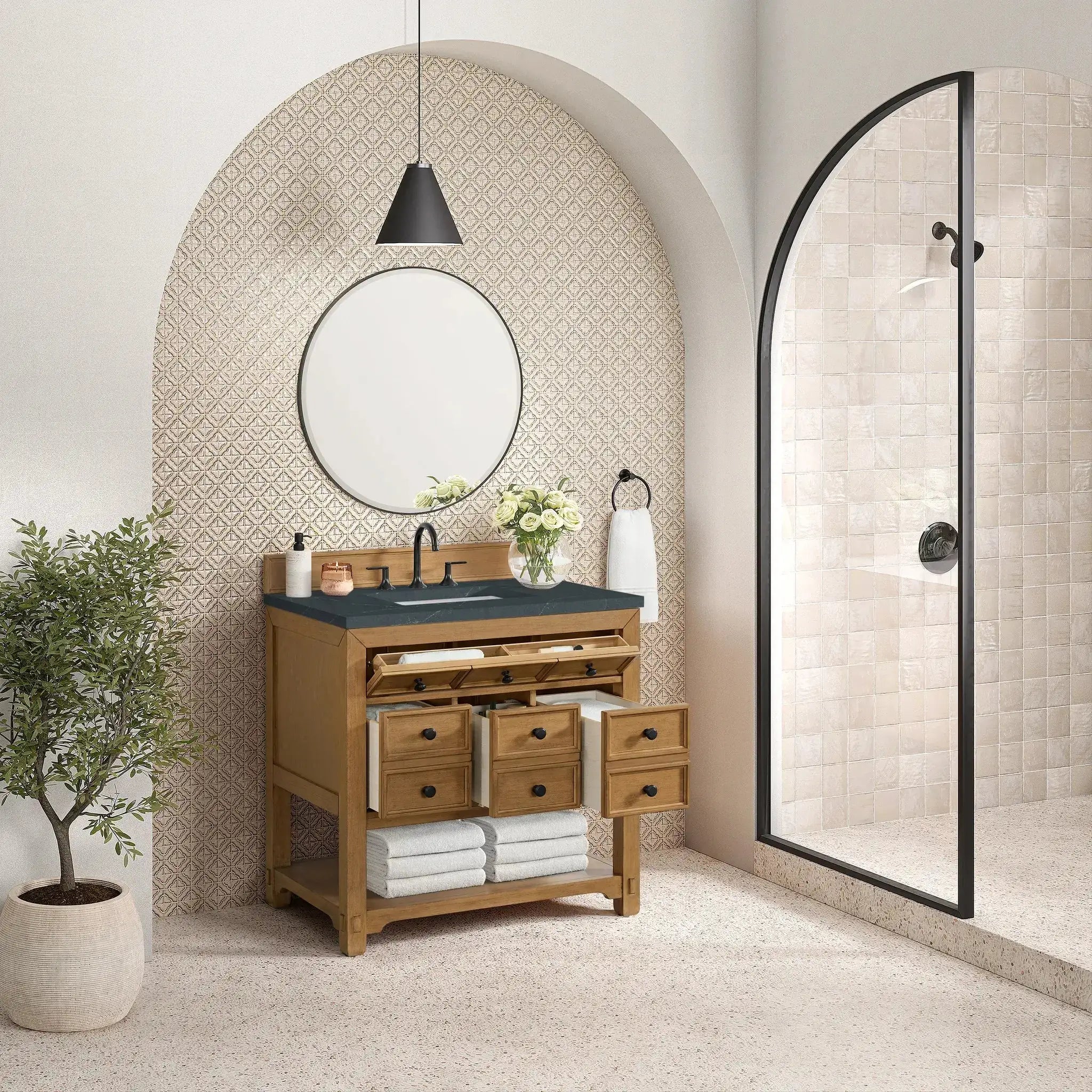 36" Malibu Single Vanity in Amber Birch-Charcoal Soapstone Silestone-8" Widespread image 4 new