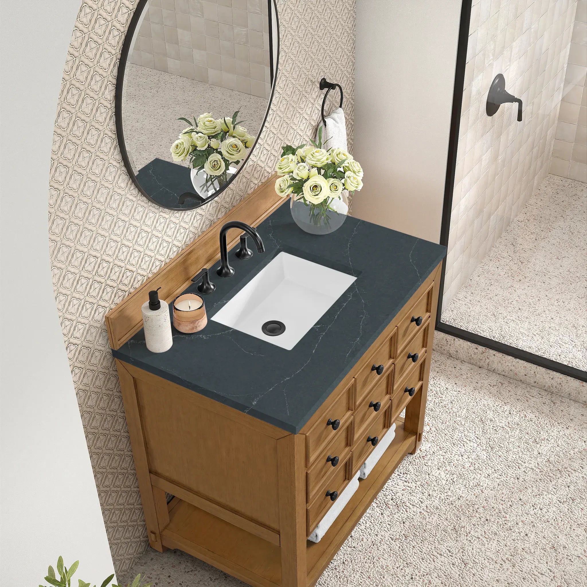 36" Malibu Single Vanity in Amber Birch-Charcoal Soapstone Silestone-8" Widespread image 6