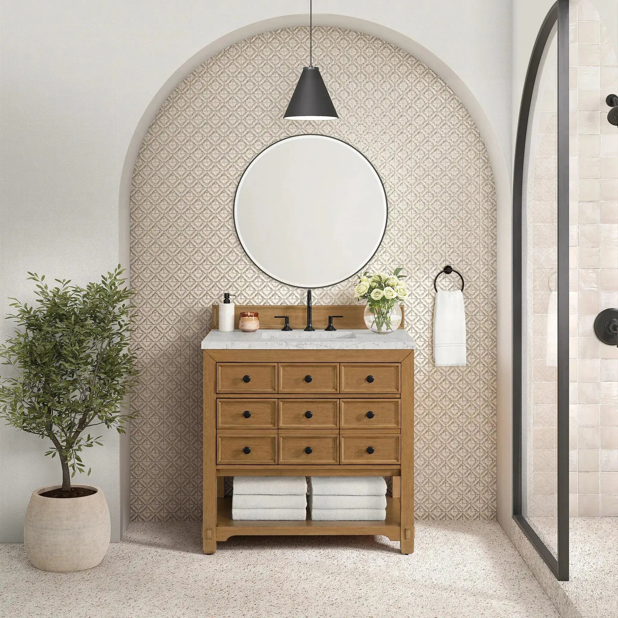 36" Malibu Single Vanity in Amber Birch-Eternal Jasmine Pearl Silestone-8" Widespread image 2 new