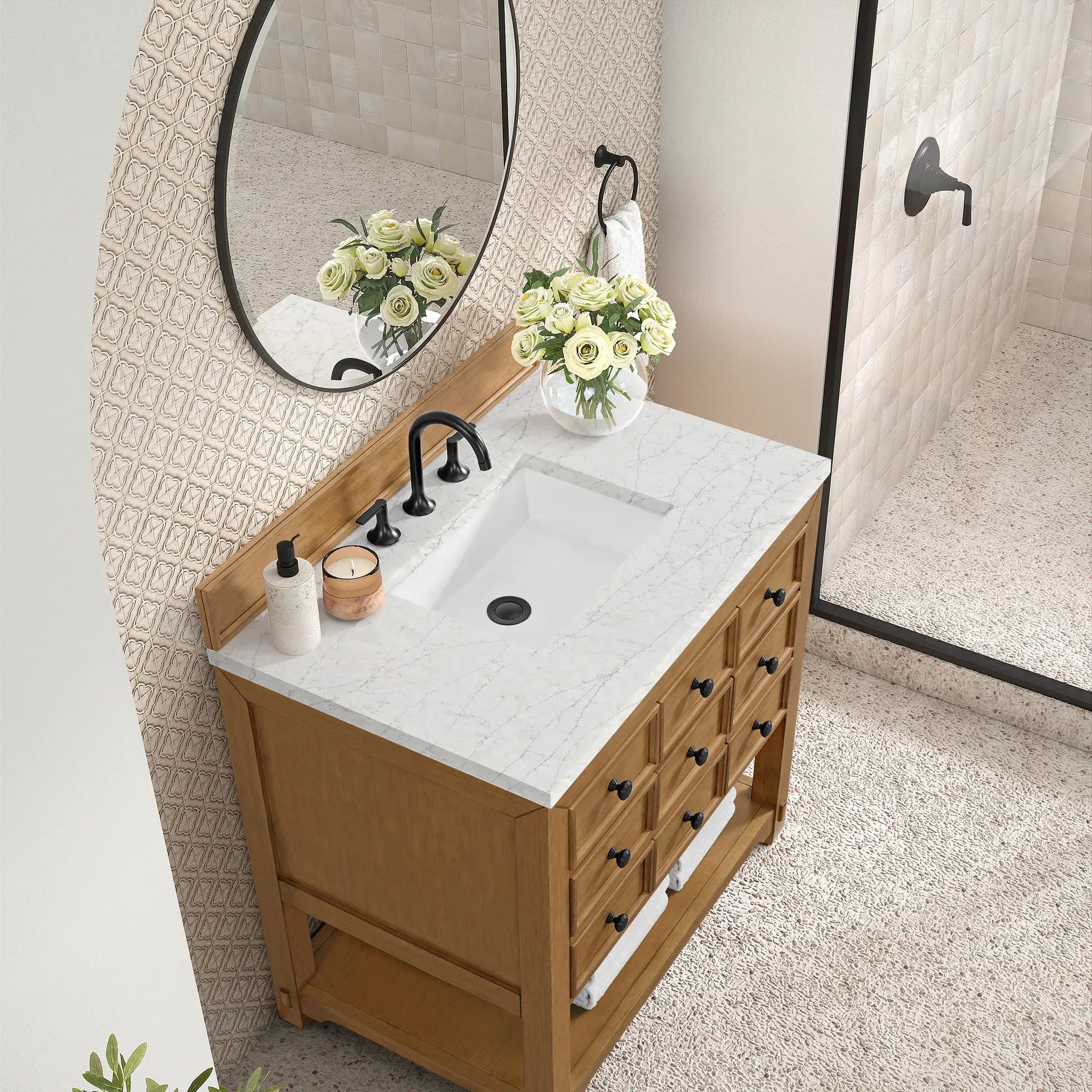36" Malibu Single Vanity in Amber Birch-Eternal Jasmine Pearl Silestone-8" Widespread image 6