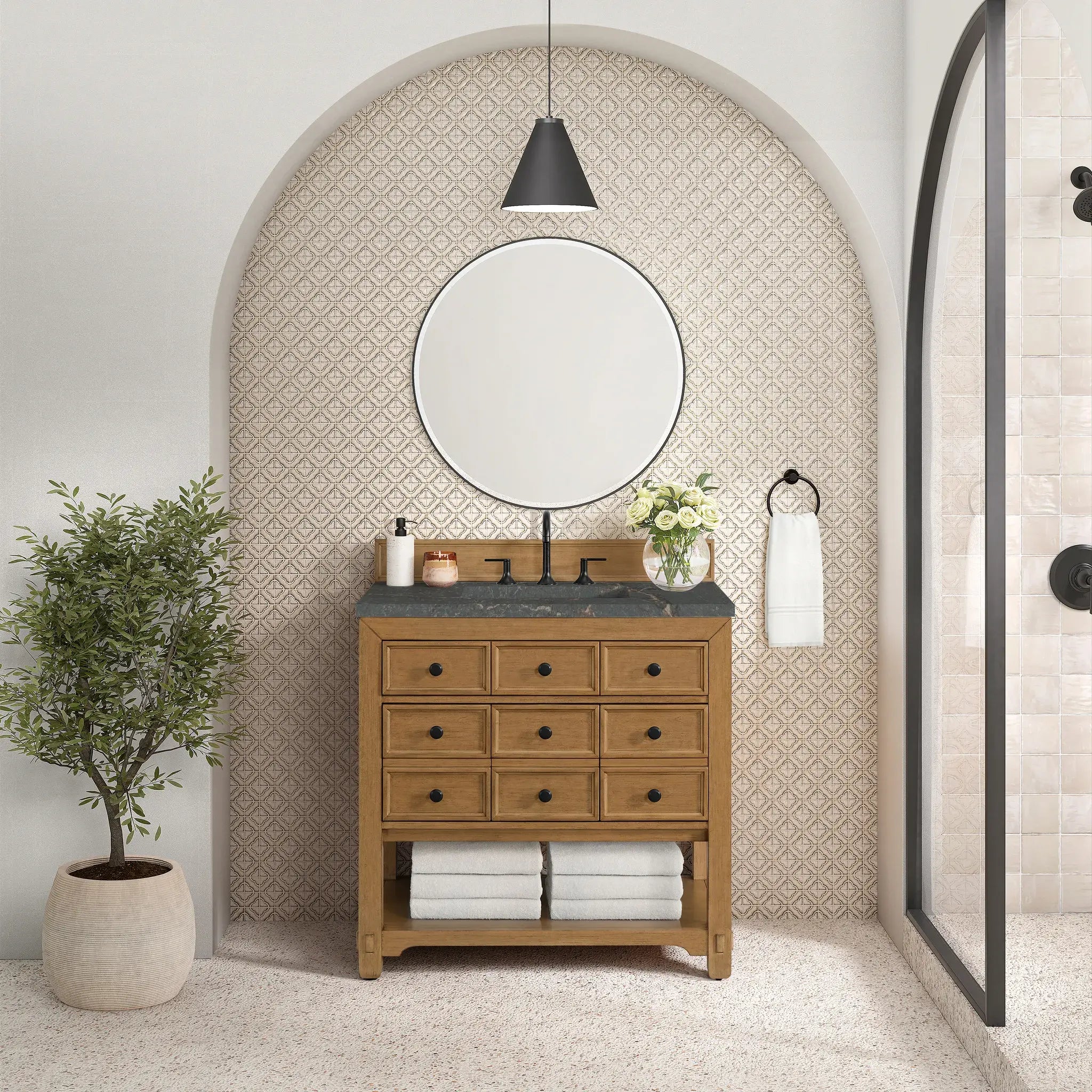 36" Malibu Single Vanity in Amber Birch-Parisien Bleu Silestone-8" Widespread image 2
