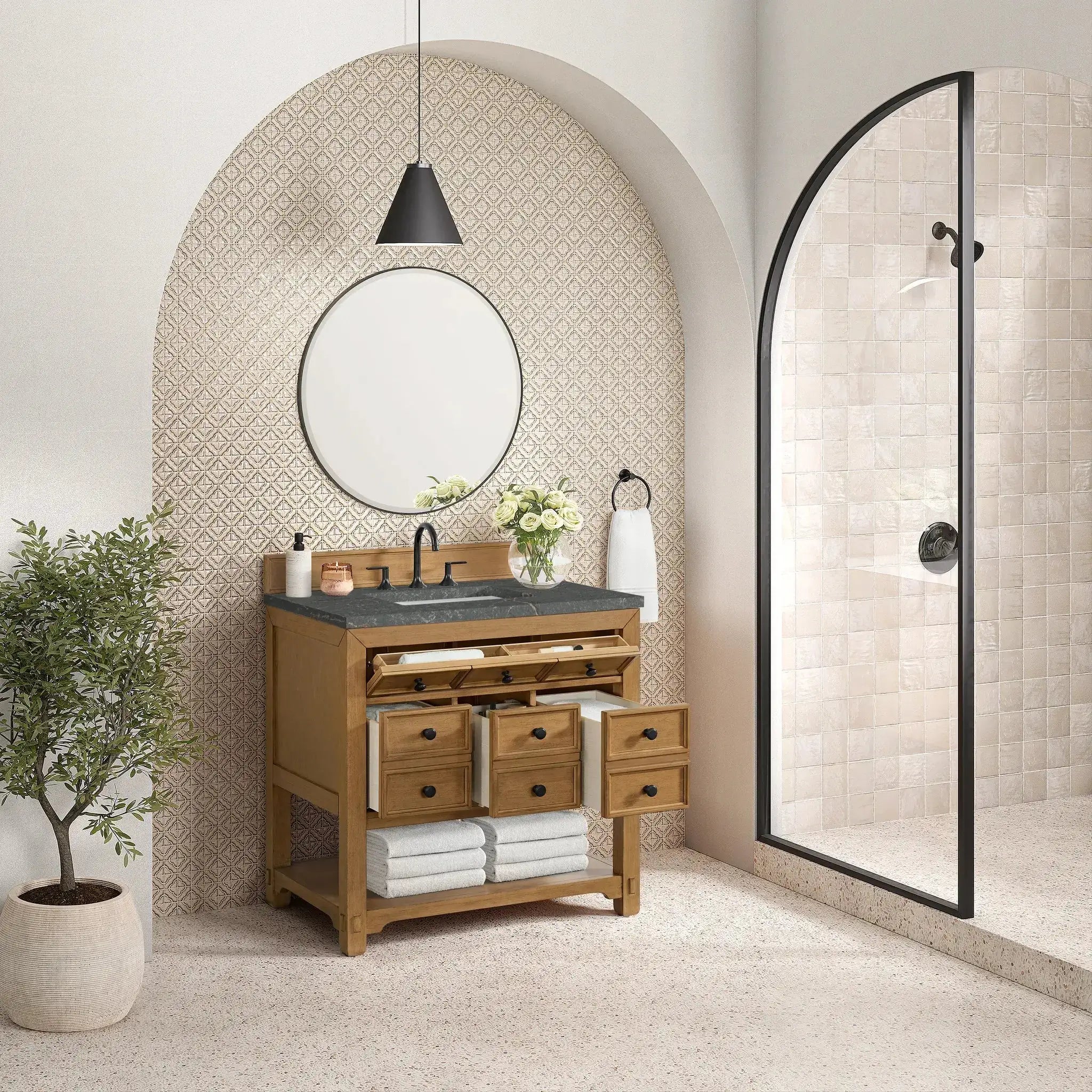 36" Malibu Single Vanity in Amber Birch-Parisien Bleu Silestone-8" Widespread image 4 new