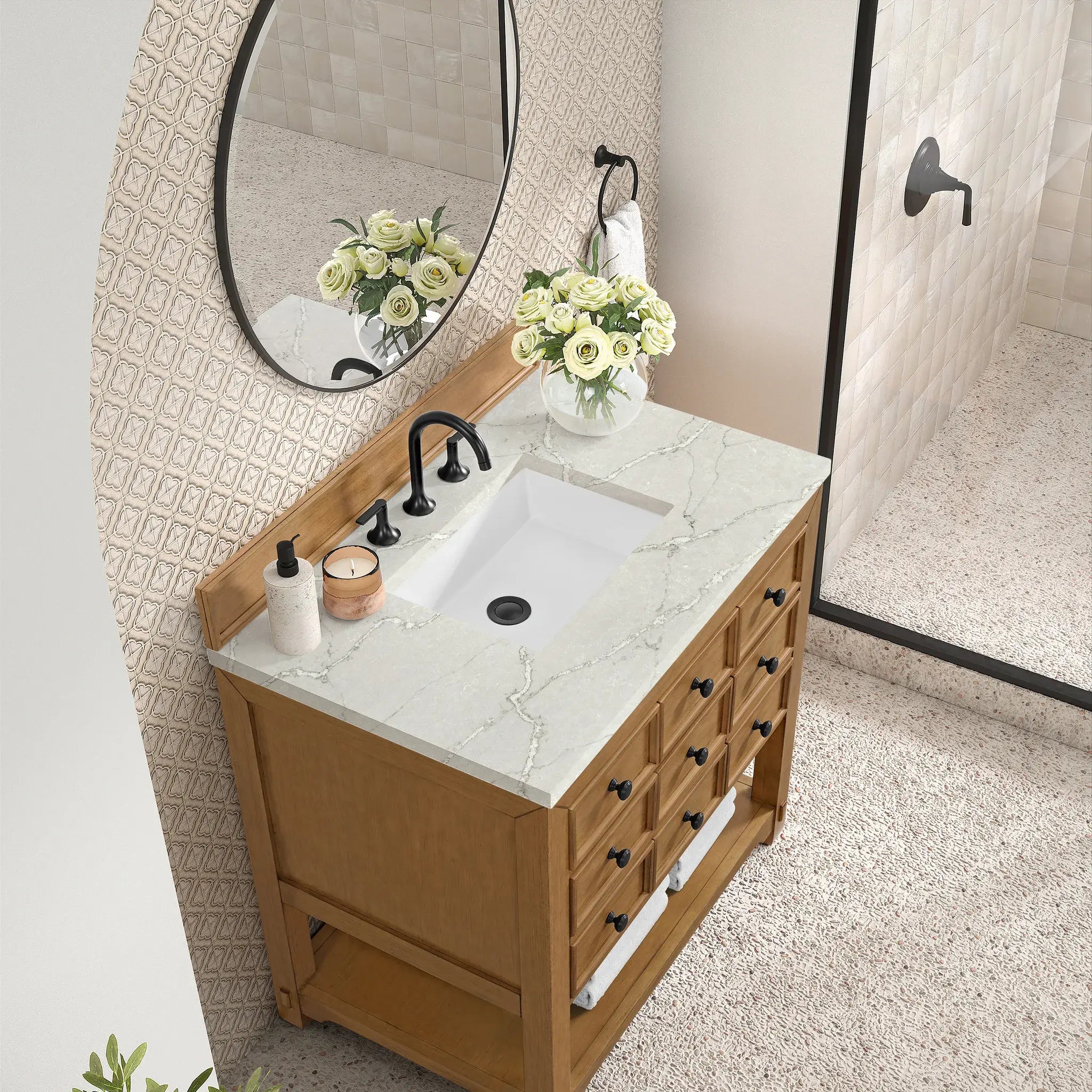 36" Malibu Single Vanity in Amber Birch-Victorian Silver Silestone-8" Widespread image 6
