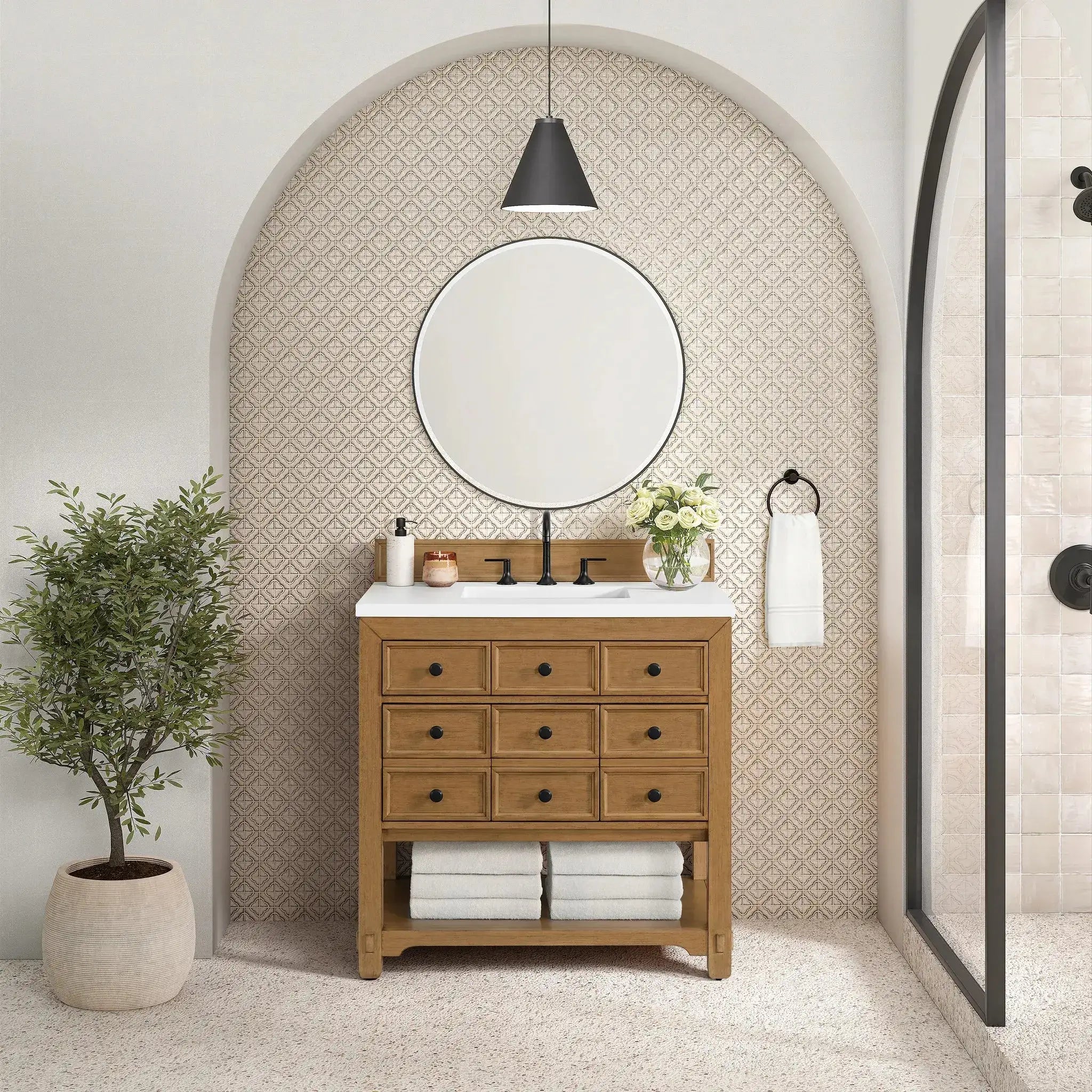 36" Malibu Single Vanity in Amber Birch-White Zeus Silestone-8" Widespread image 2 new