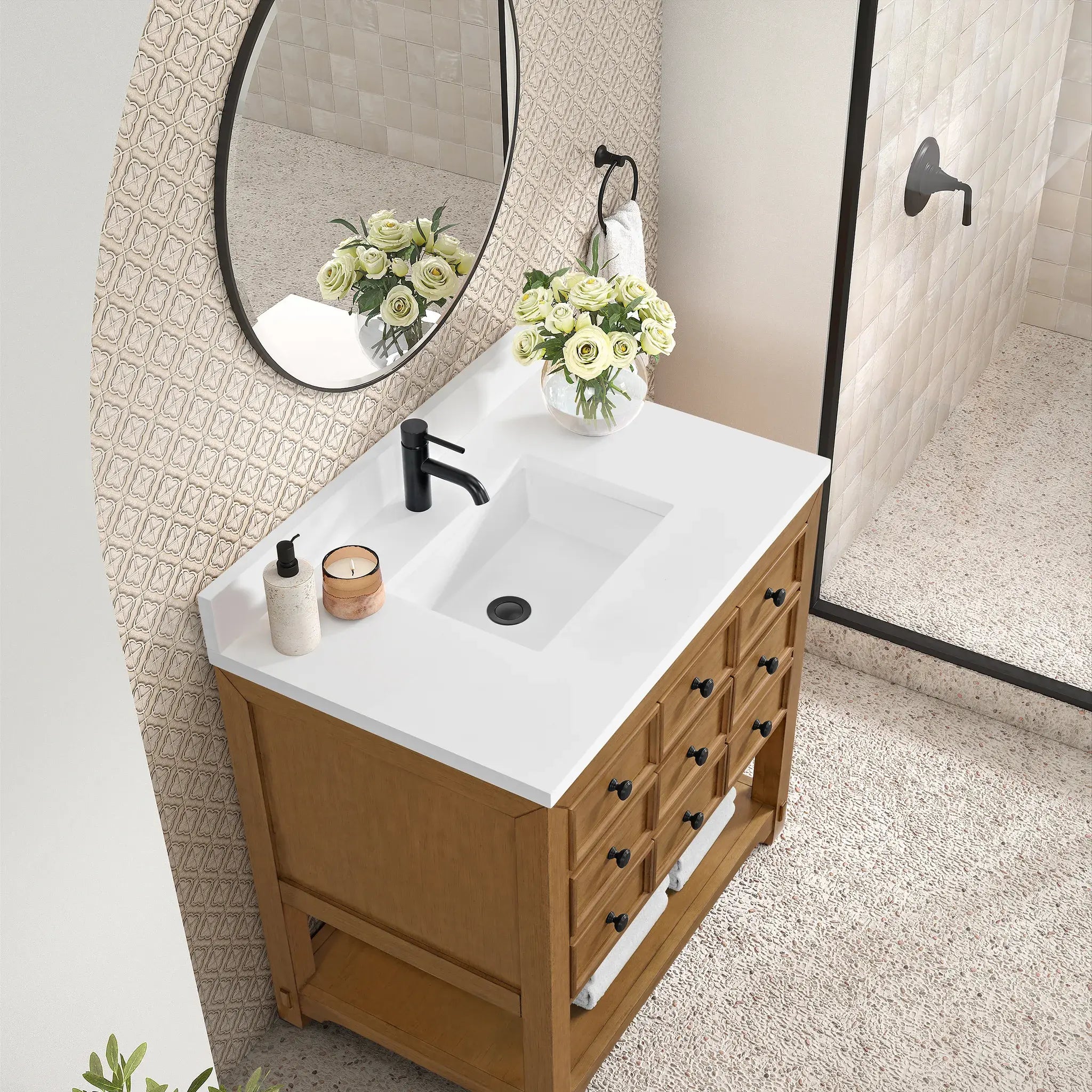 36" Malibu Single Vanity in Amber Birch-White Zeus Silestone & Backsplash-Single Hole image 6