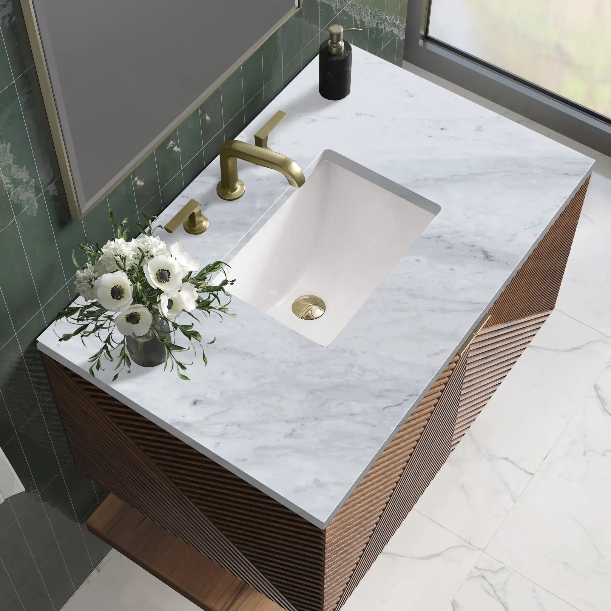 36" Marcello Single Vanity in Chestnut-Carrara White Marble-8" Widespread image 4