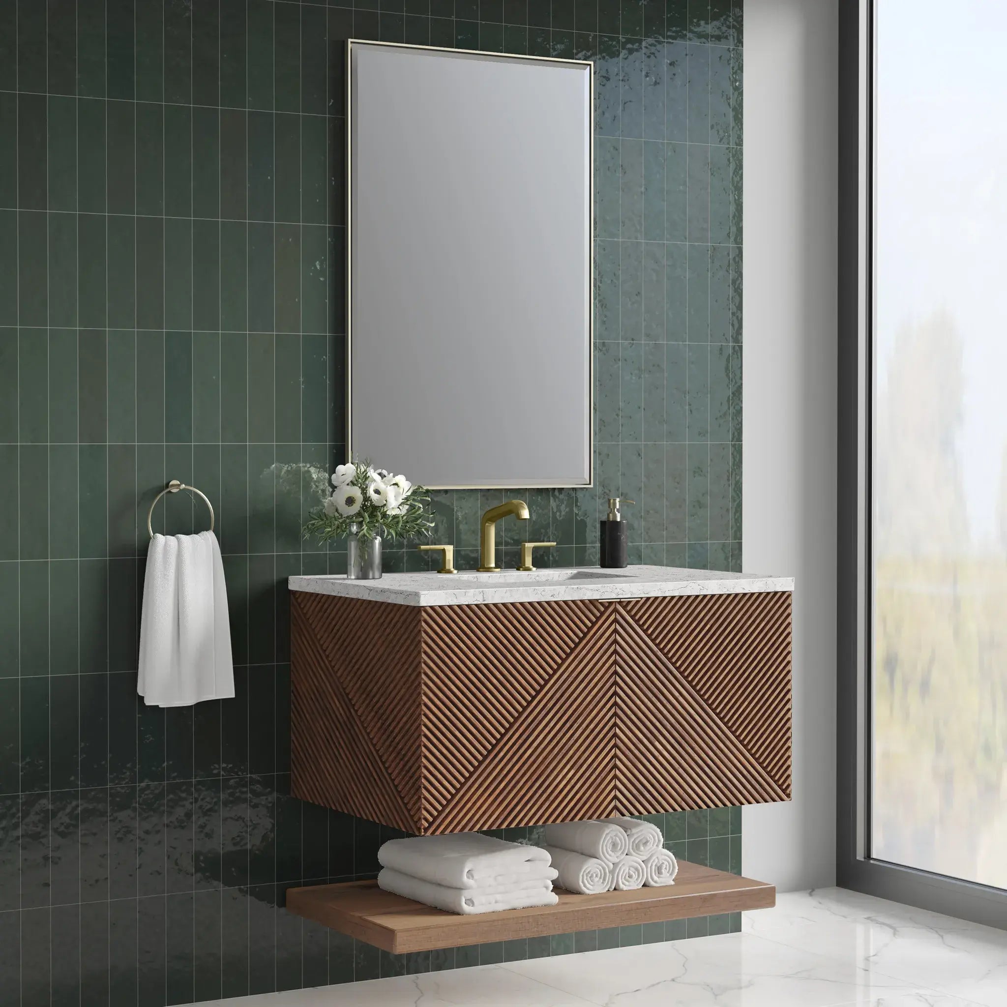 36" Marcello Single Vanity in Chestnut-Eternal Jasmine Pearl Silestone-8" Widespread image 3