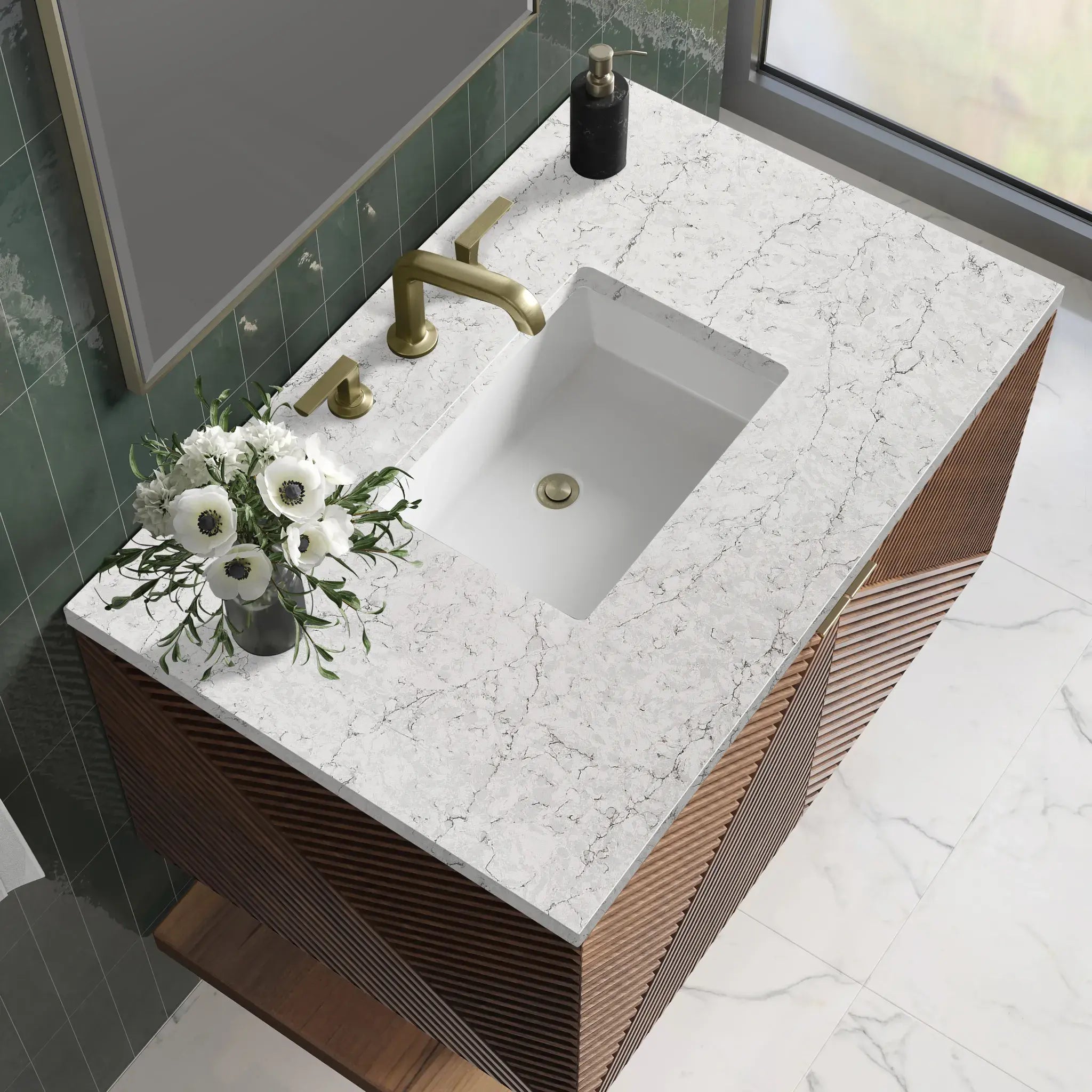 36" Marcello Single Vanity in Chestnut-Eternal Jasmine Pearl Silestone-8" Widespread image 4