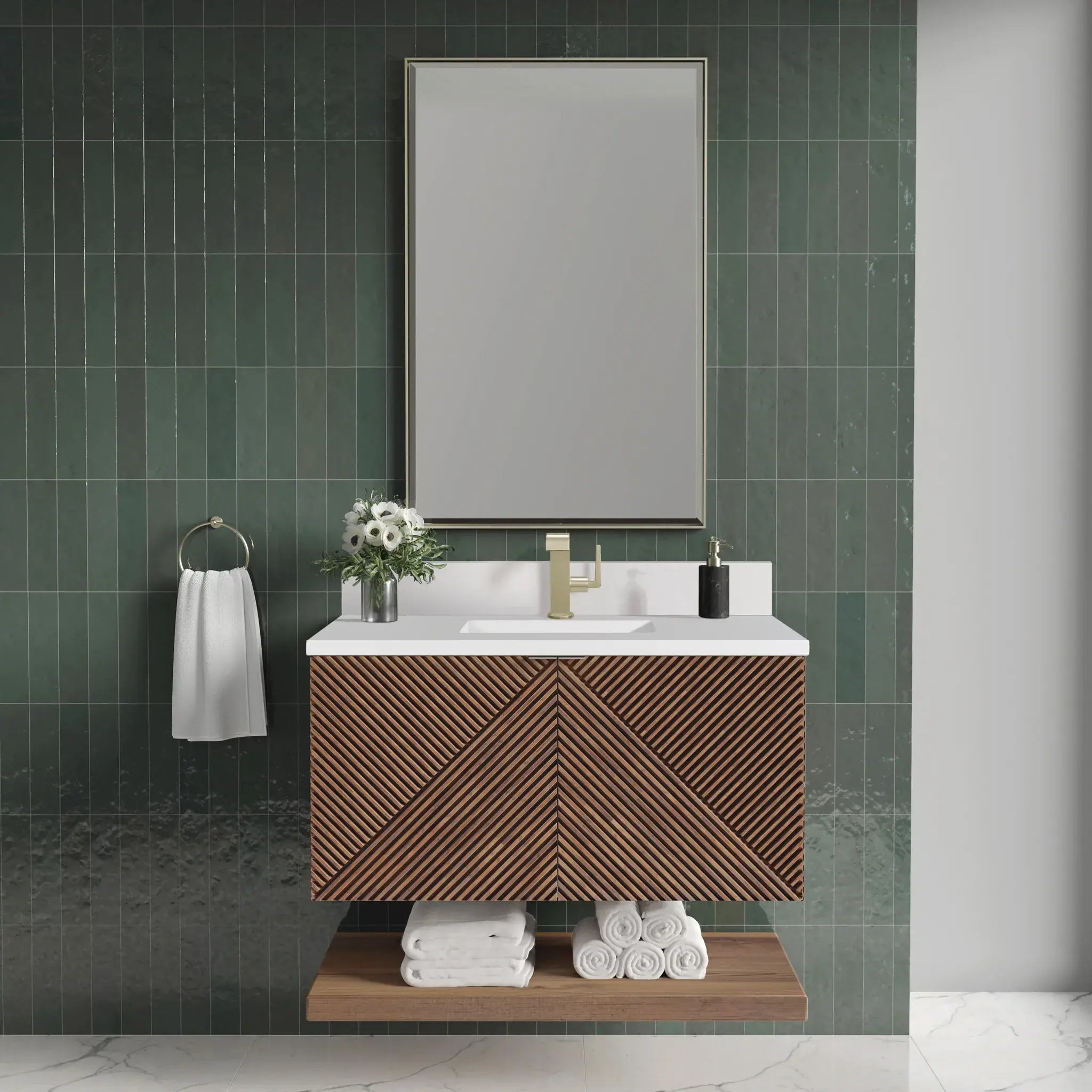 36" Marcello Single Vanity in Chestnut-White Zeus Silestone & Backsplash-Single Hole image 1