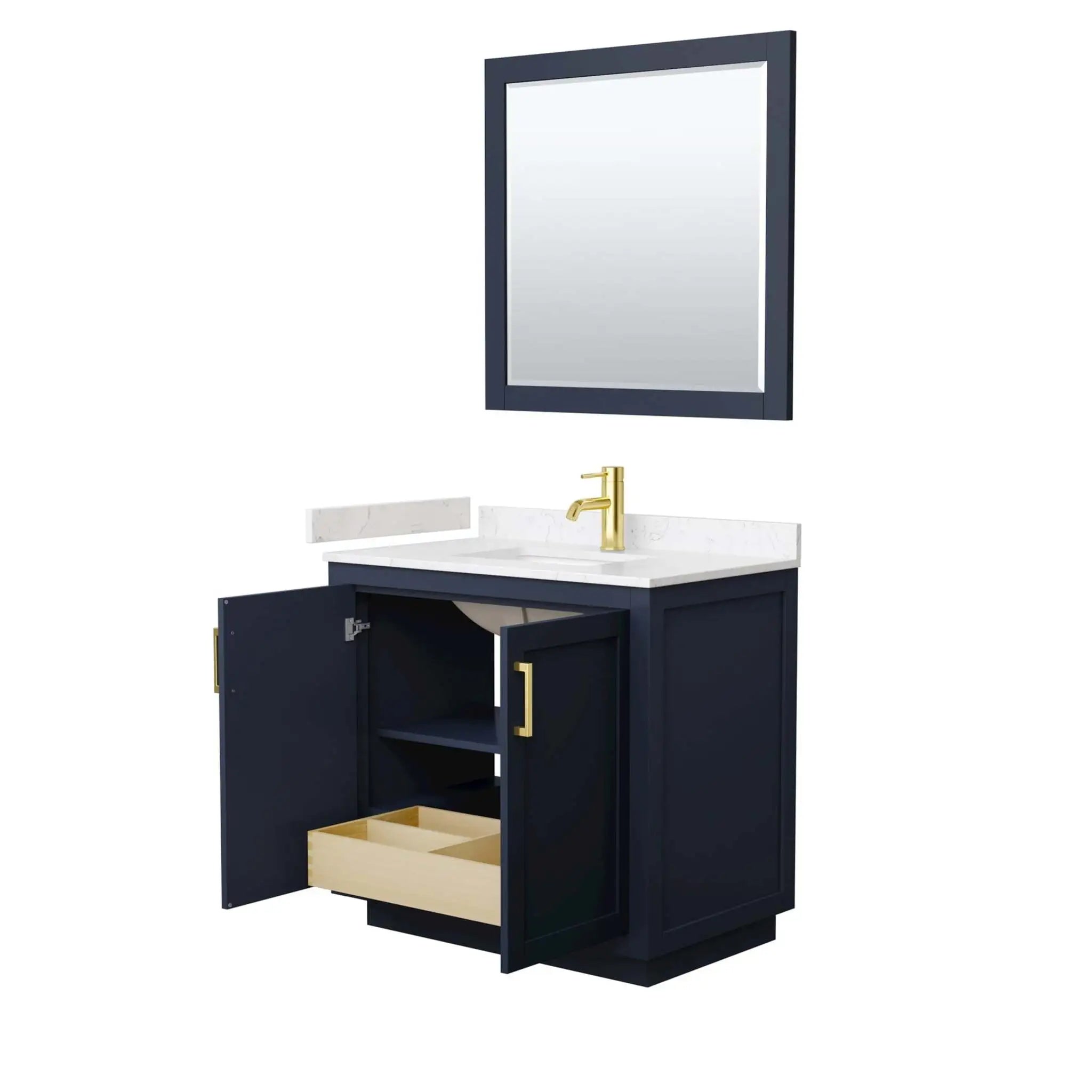36" Miranda Single Bathroom Vanity in Dark Blue with Brushed Gold Trim & 34" Mirror by Wyndham