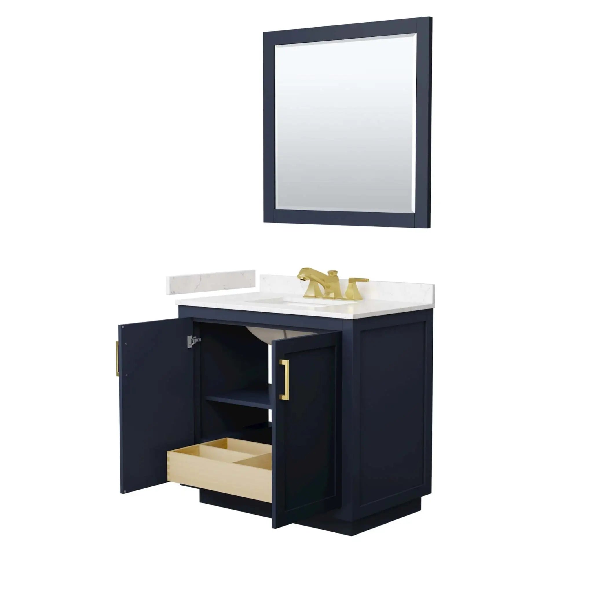 36" Miranda Single Bathroom Vanity in Dark Blue with Brushed Gold Trim & 34" Mirror by Wyndham