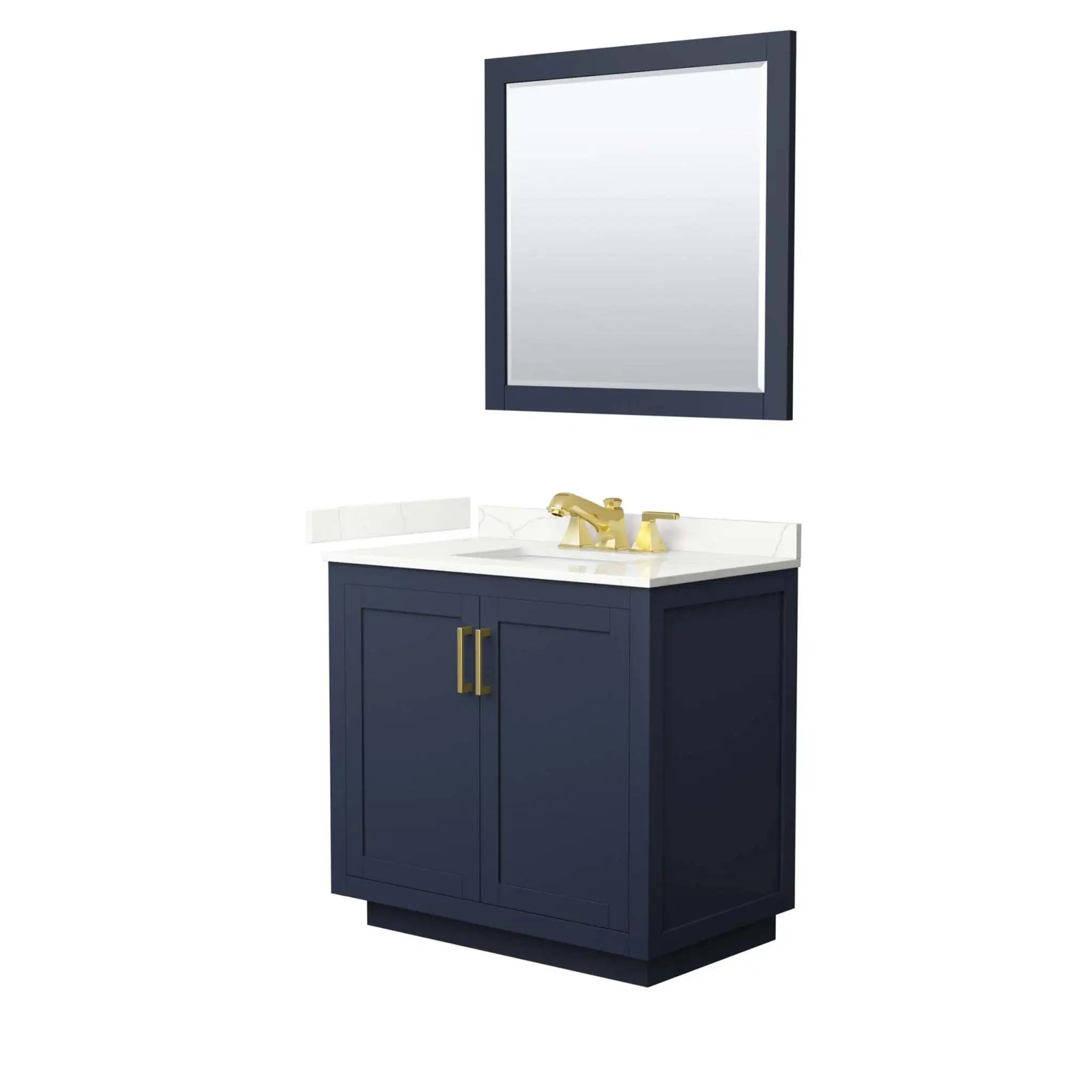 36" Miranda Single Bathroom Vanity in Dark Blue with Brushed Gold Trim & 34" Mirror by Wyndham