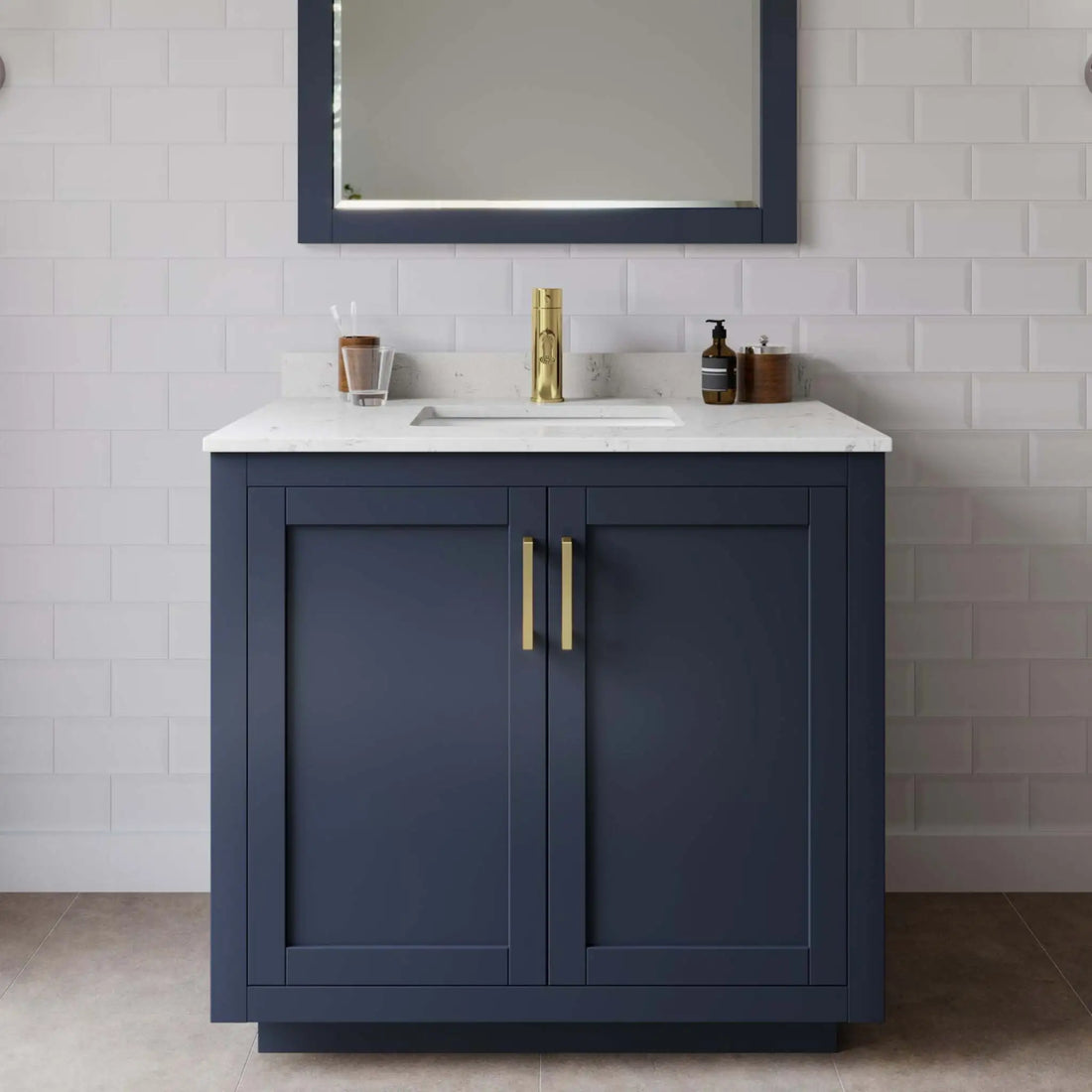 36" Miranda Single Bathroom Vanity in Dark Blue with Brushed Gold Trim by Wyndham