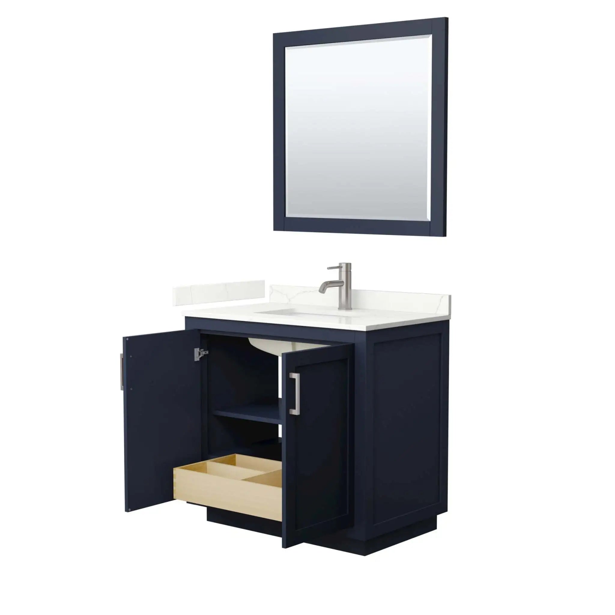 36" Miranda Single Bathroom Vanity in Dark Blue with Brushed Nickel Trim & 34" Mirror by Wyndham